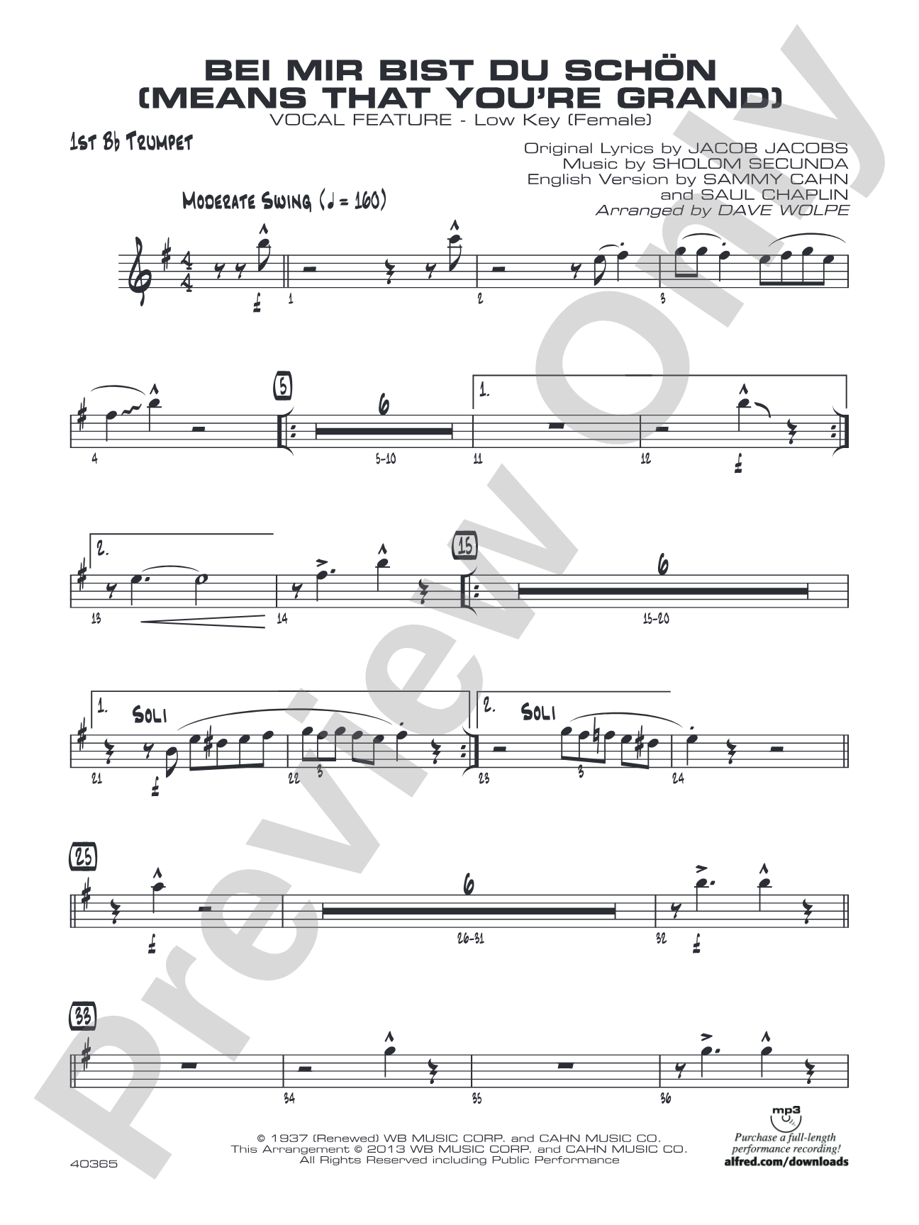 Bei Mir Bist Du Schon (Means That You're Grand): 1st B-flat Trumpet