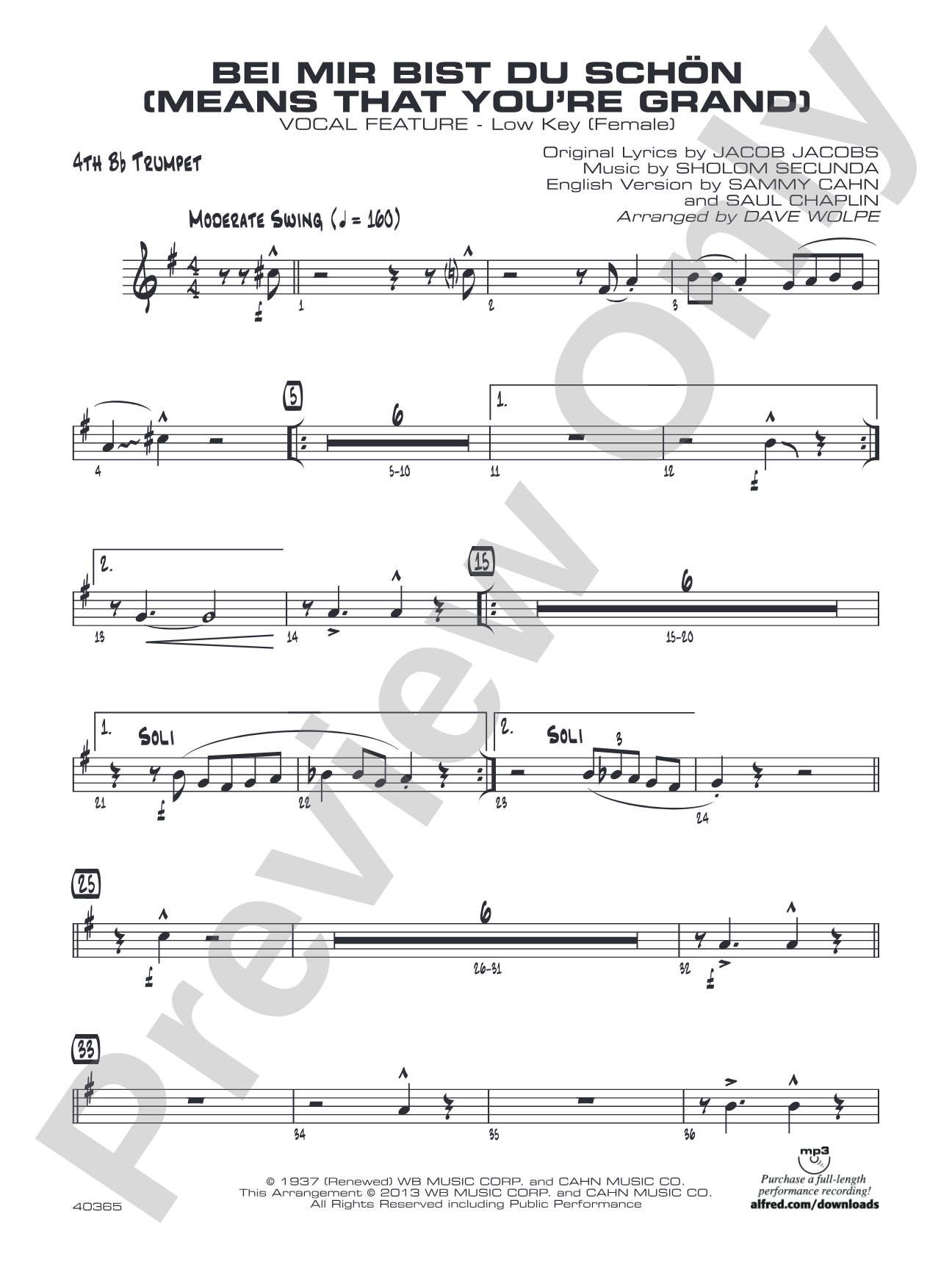 Bei Mir Bist Du Schon (Means That You're Grand): 4th B-flat Trumpet