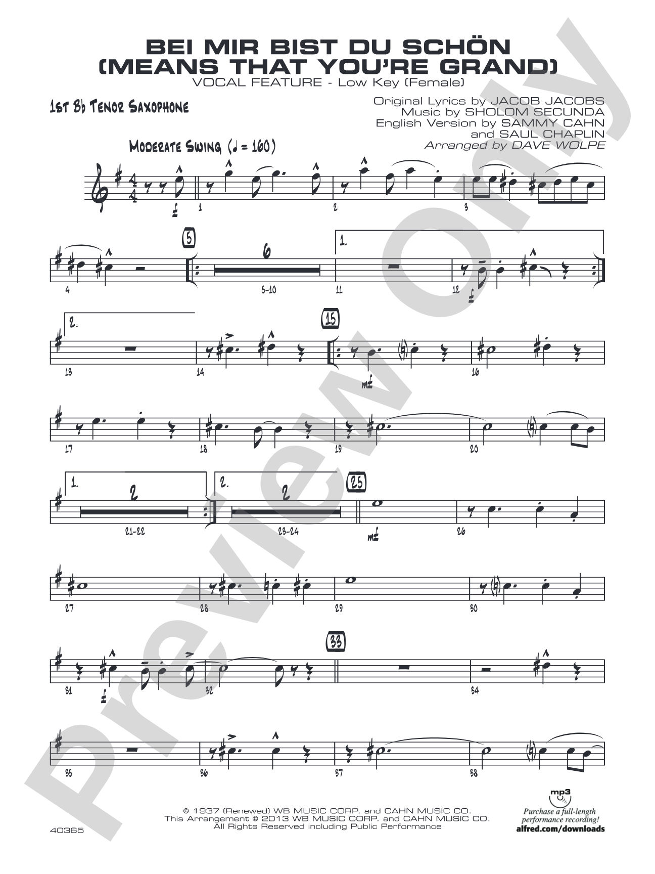 Bei Mir Bist Du Schon (Means That You're Grand): B-flat Tenor Saxophone