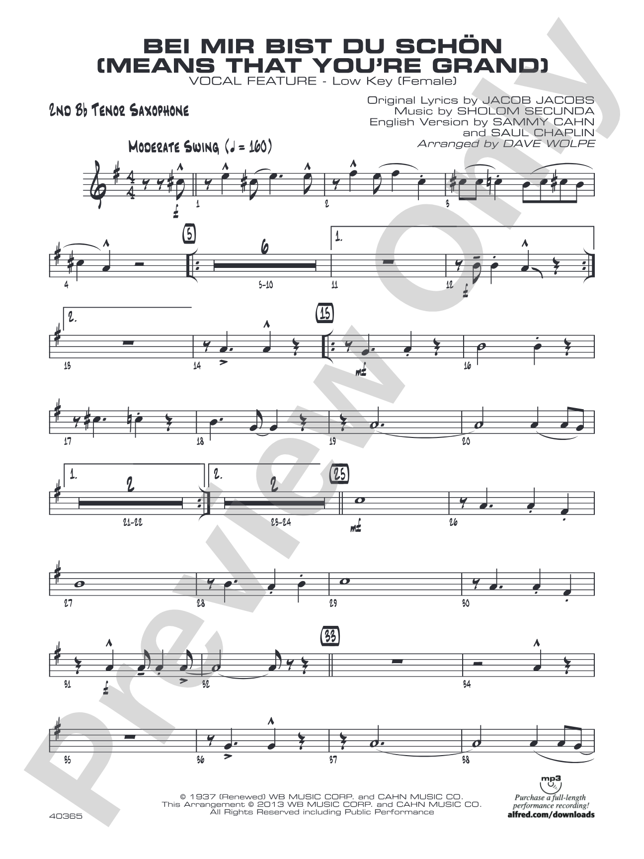 Bei Mir Bist Du Schon (Means That You're Grand): 2nd B-flat Tenor Saxophone