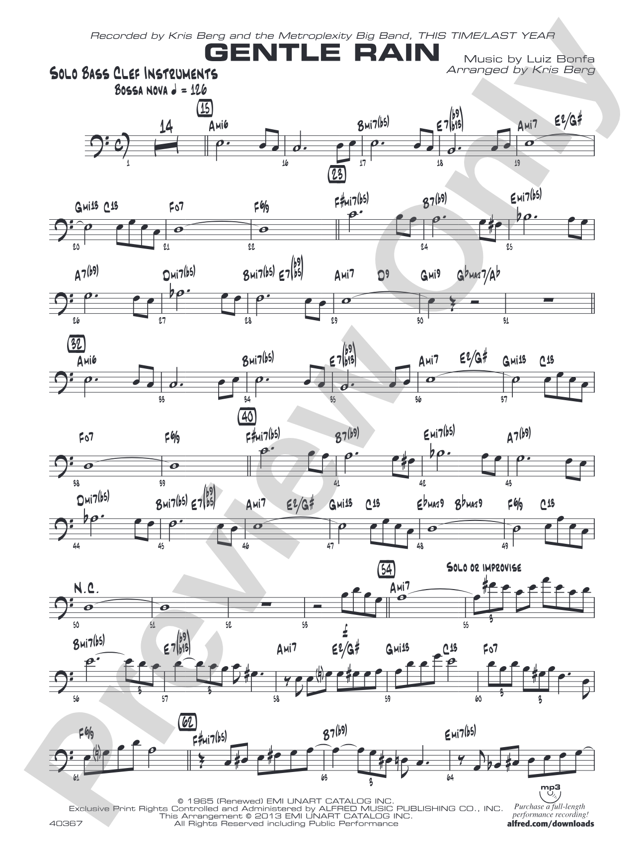Gentle Rain: Solo Bass Clef Part (Substitute for Vocal)