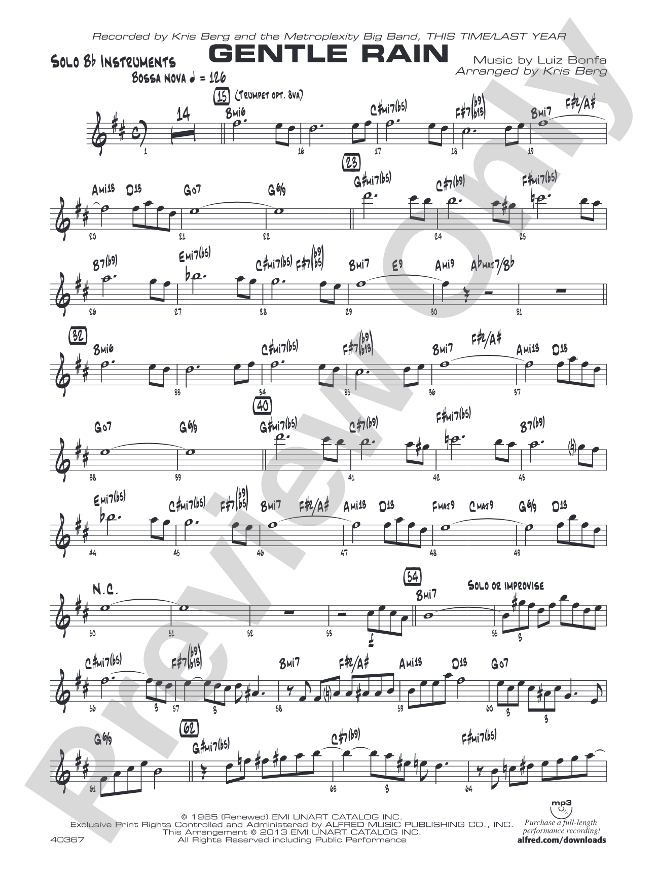 Gentle Rain: Solo Bb Part (Substitute for Vocal)