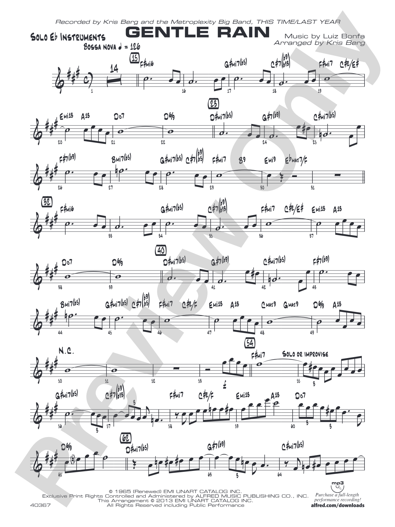 Gentle Rain: Solo Eb Part (Substitute for Vocal)