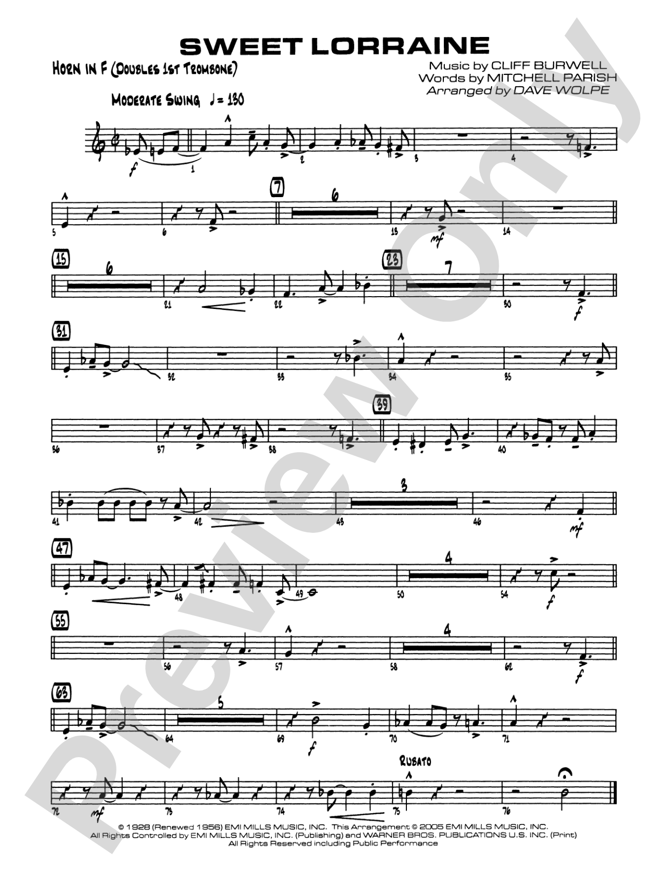 Sweet Lorraine: 1st F Horn