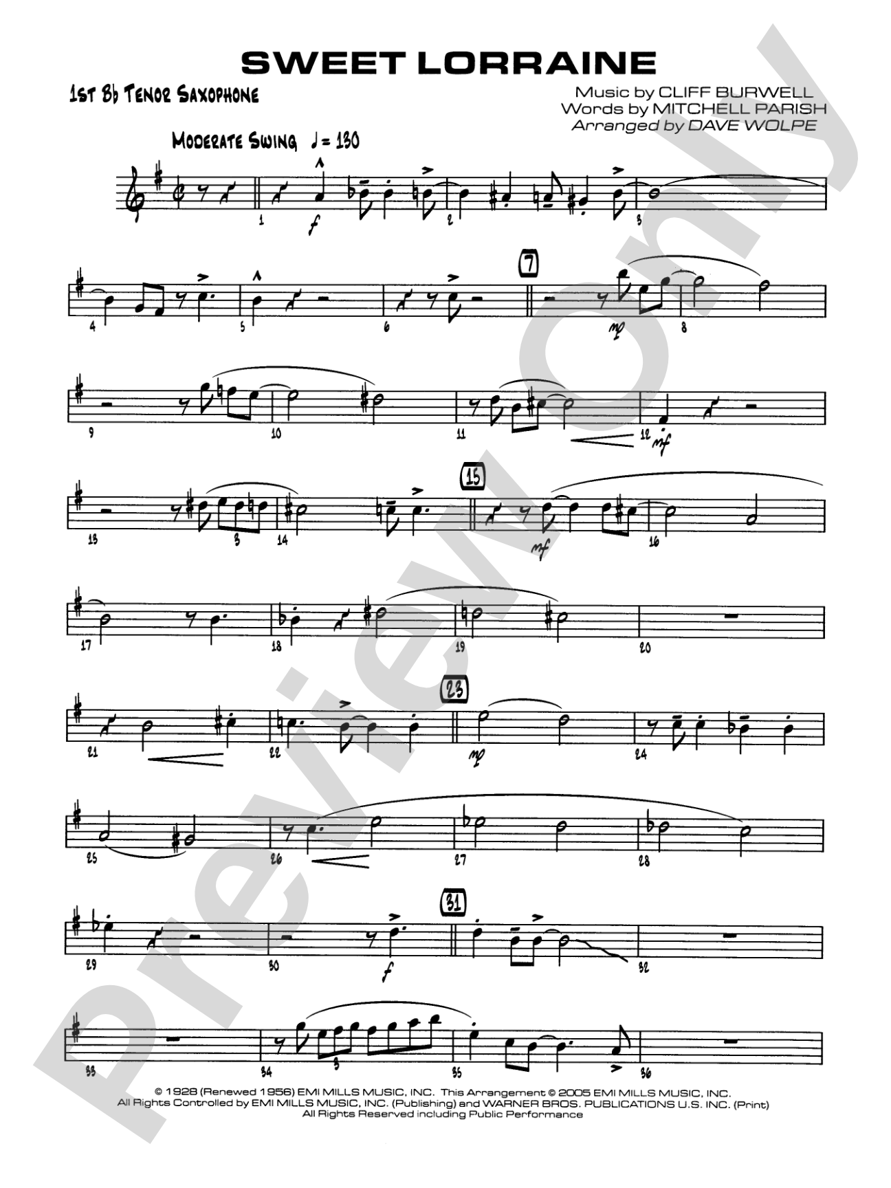 Sweet Lorraine: B-flat Tenor Saxophone