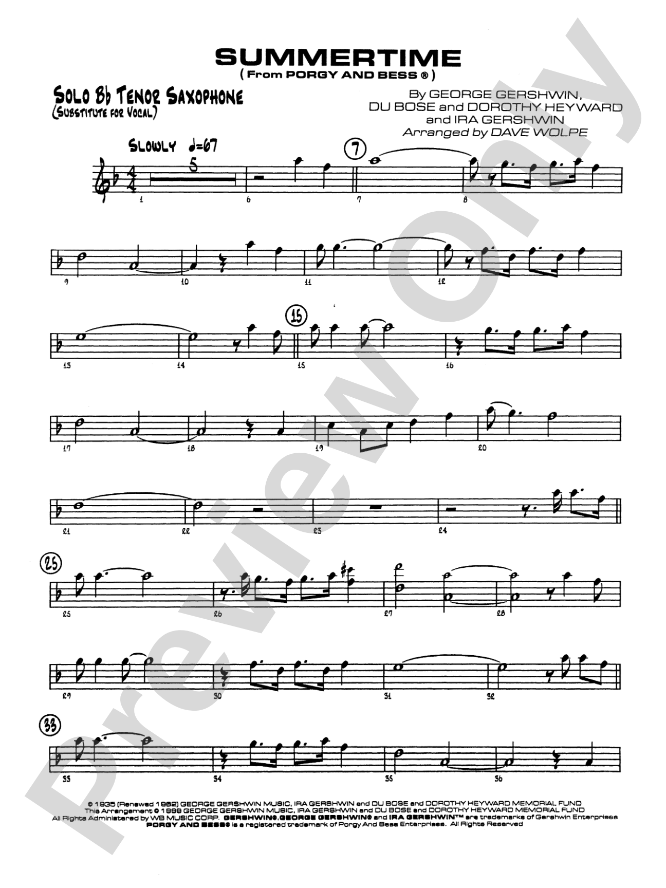 Summertime: Solo Bb Part (Substitute for Vocal)