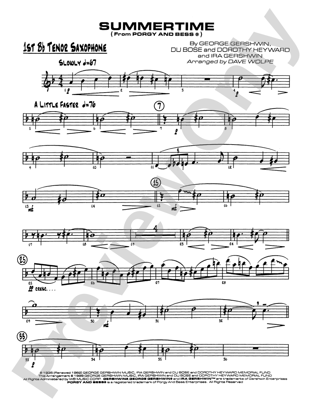 Summertime: B-flat Tenor Saxophone