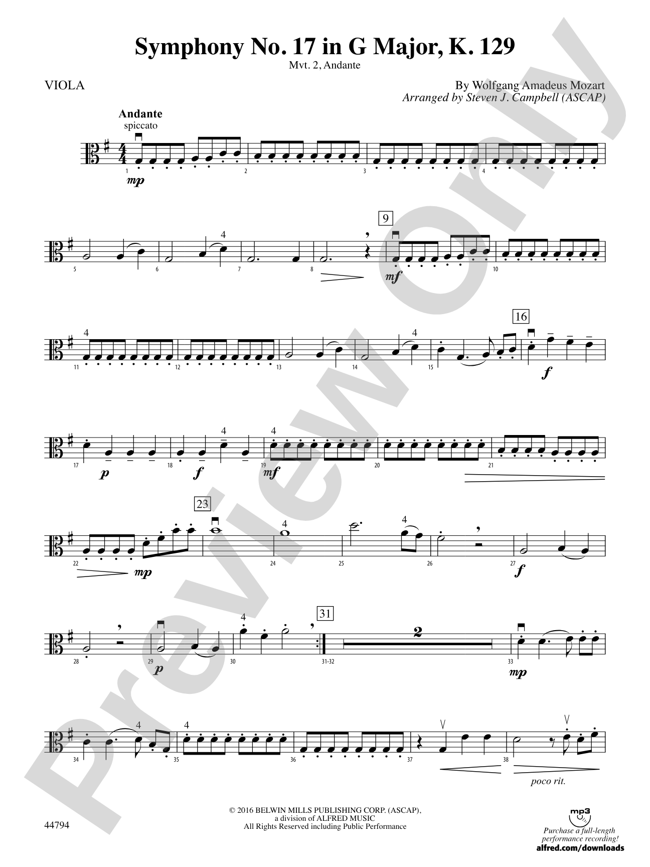 Symphony No. 17 in G Major, K. 129: Viola