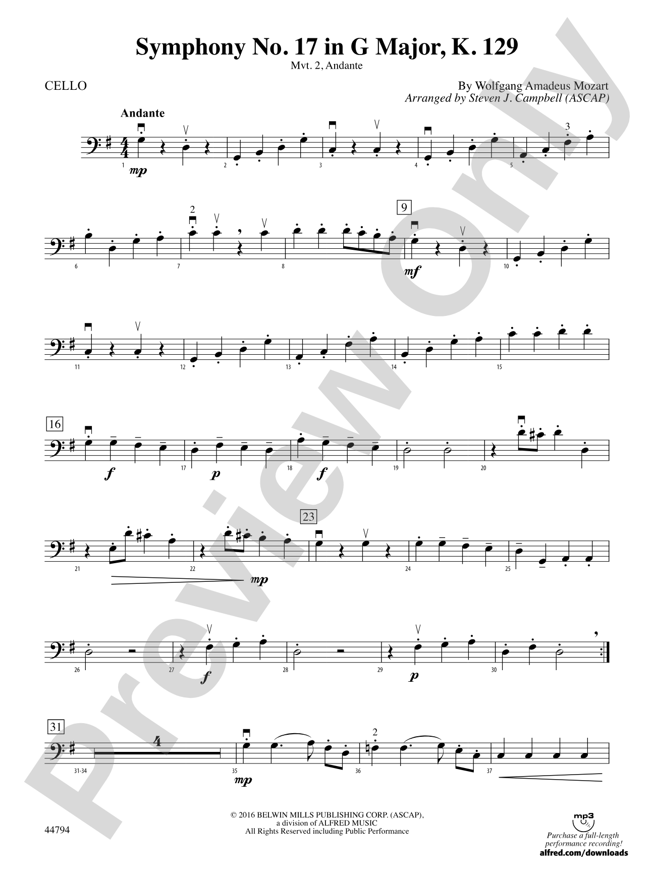 Symphony No. 17 in G Major, K. 129: Cello