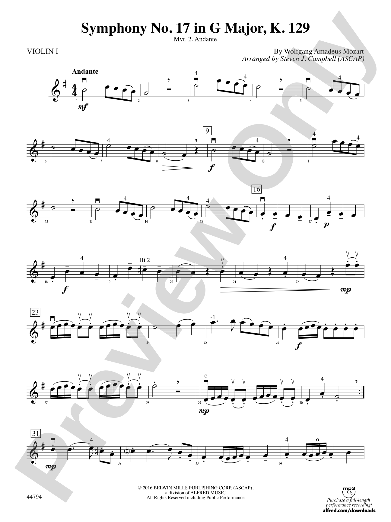 Symphony No. 17 in G Major, K. 129: 1st Violin