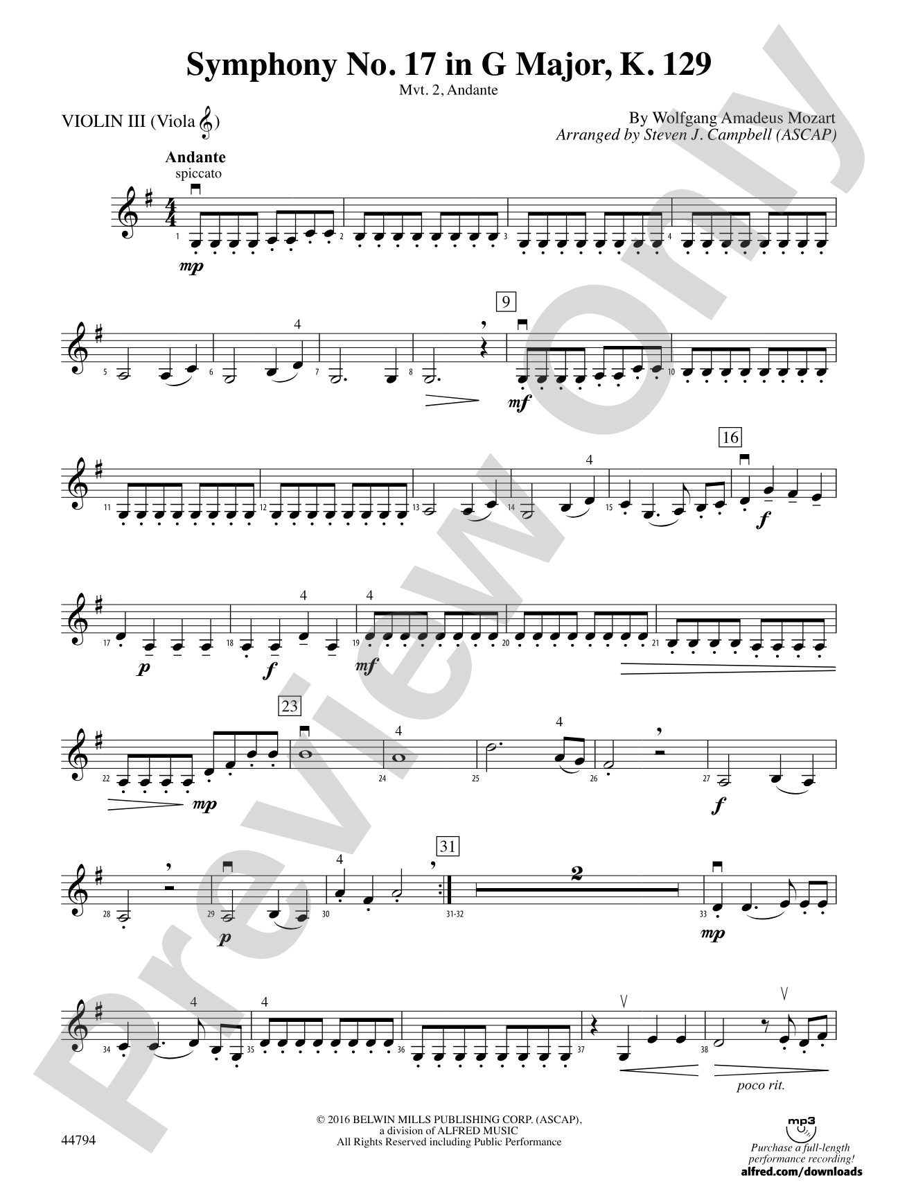 Symphony No. 17 in G Major, K. 129: 3rd Violin (Viola [TC])