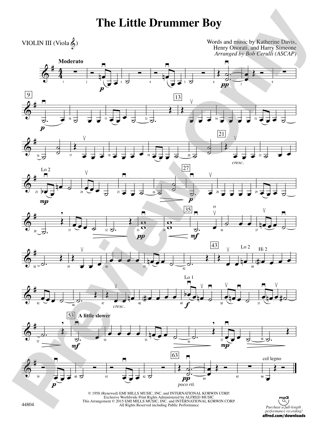 The Little Drummer Boy: 3rd Violin (Viola [TC])