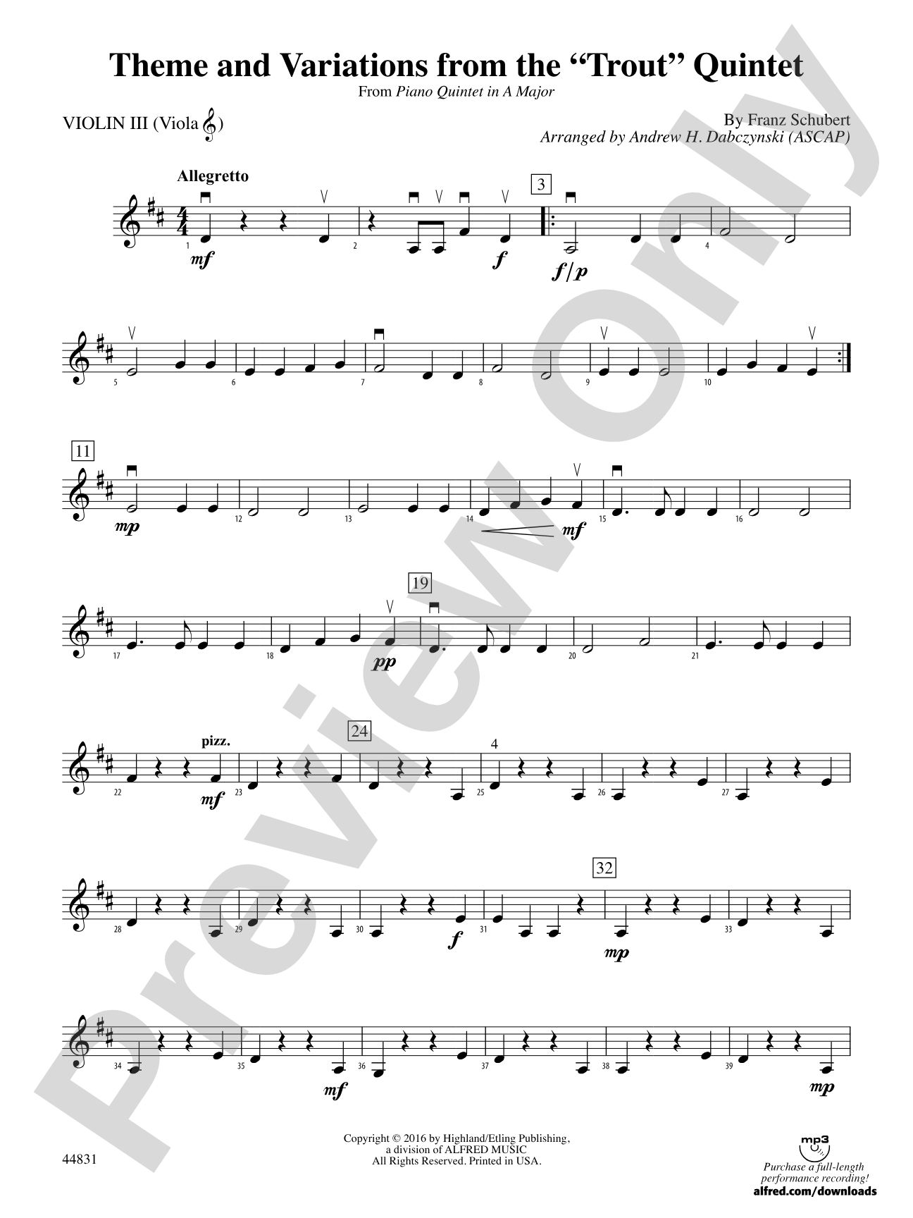 Theme and Variations from the "Trout" Quintet: 3rd Violin (Viola [TC])