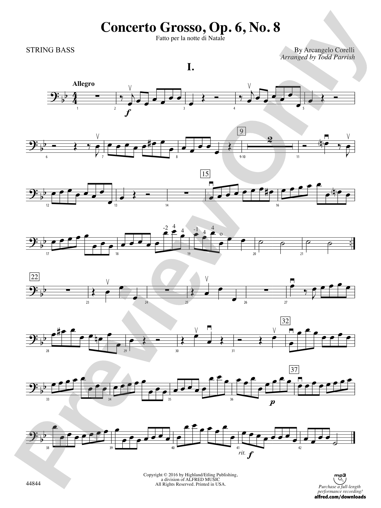 Concerto Grosso, Op. 6, No. 8: String Bass