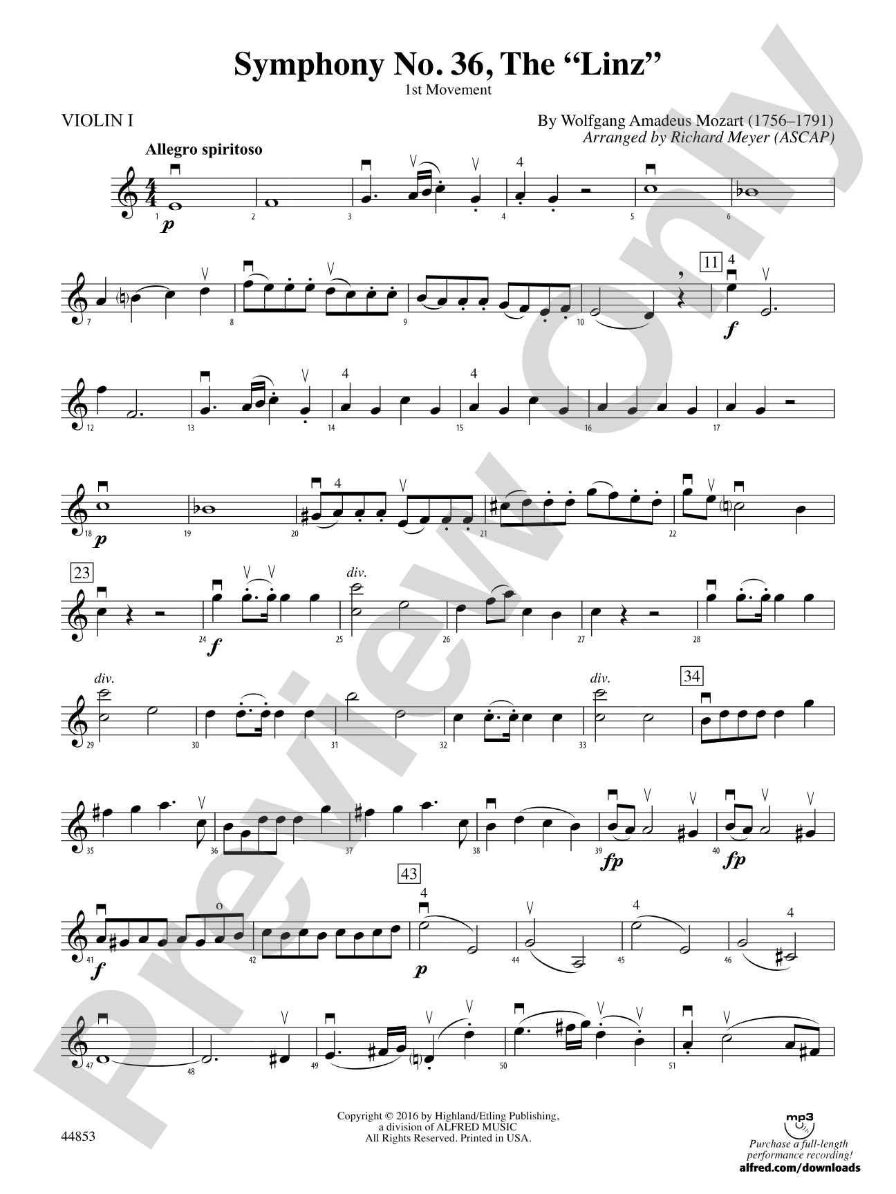 Symphony No. 36, The "Linz": 1st Violin