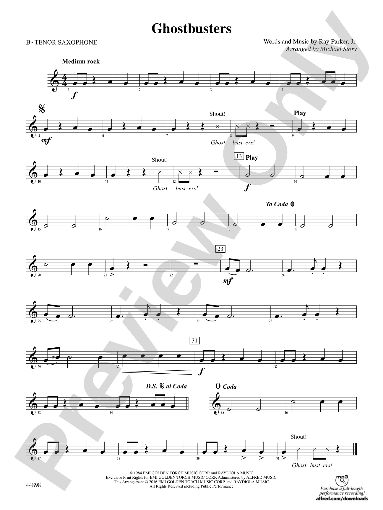 Ghostbusters (from Ghostbusters): B-flat Tenor Saxophone