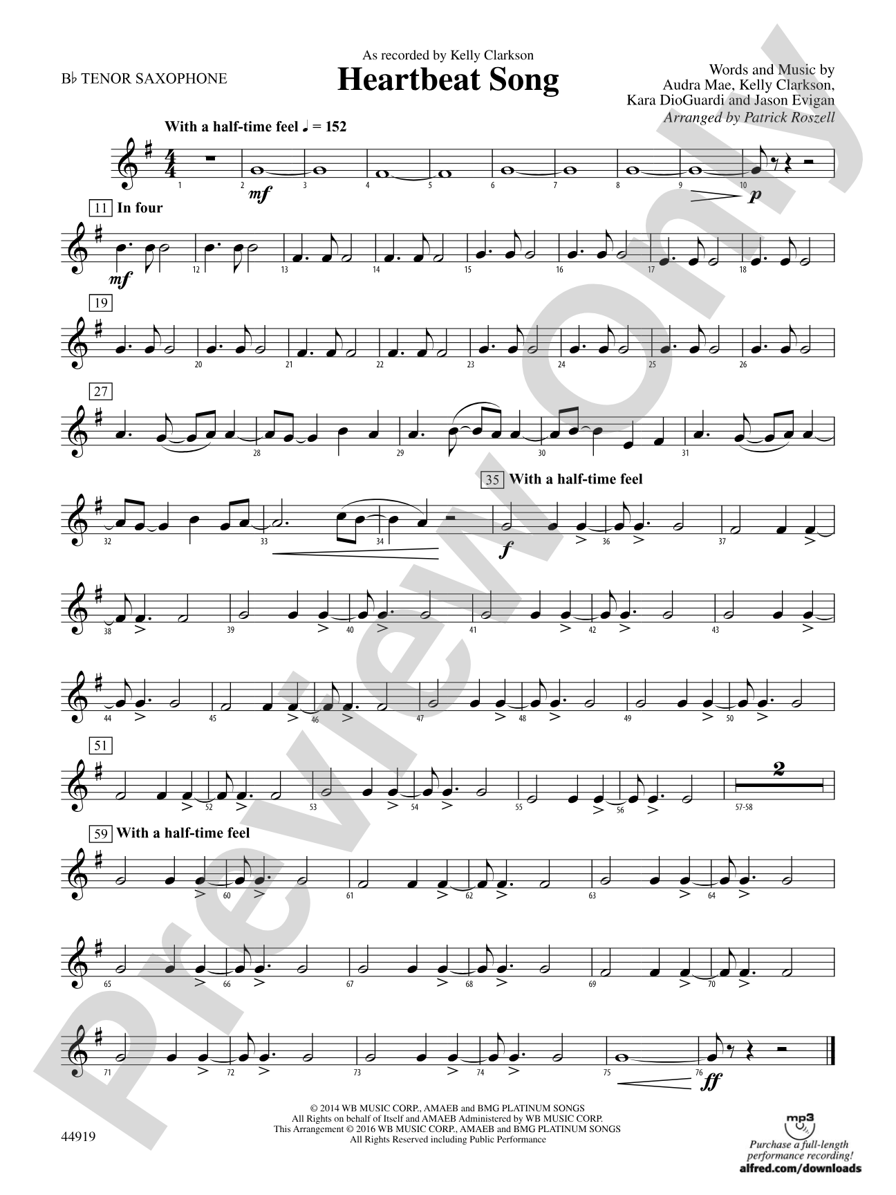 Heartbeat Song: B-flat Tenor Saxophone