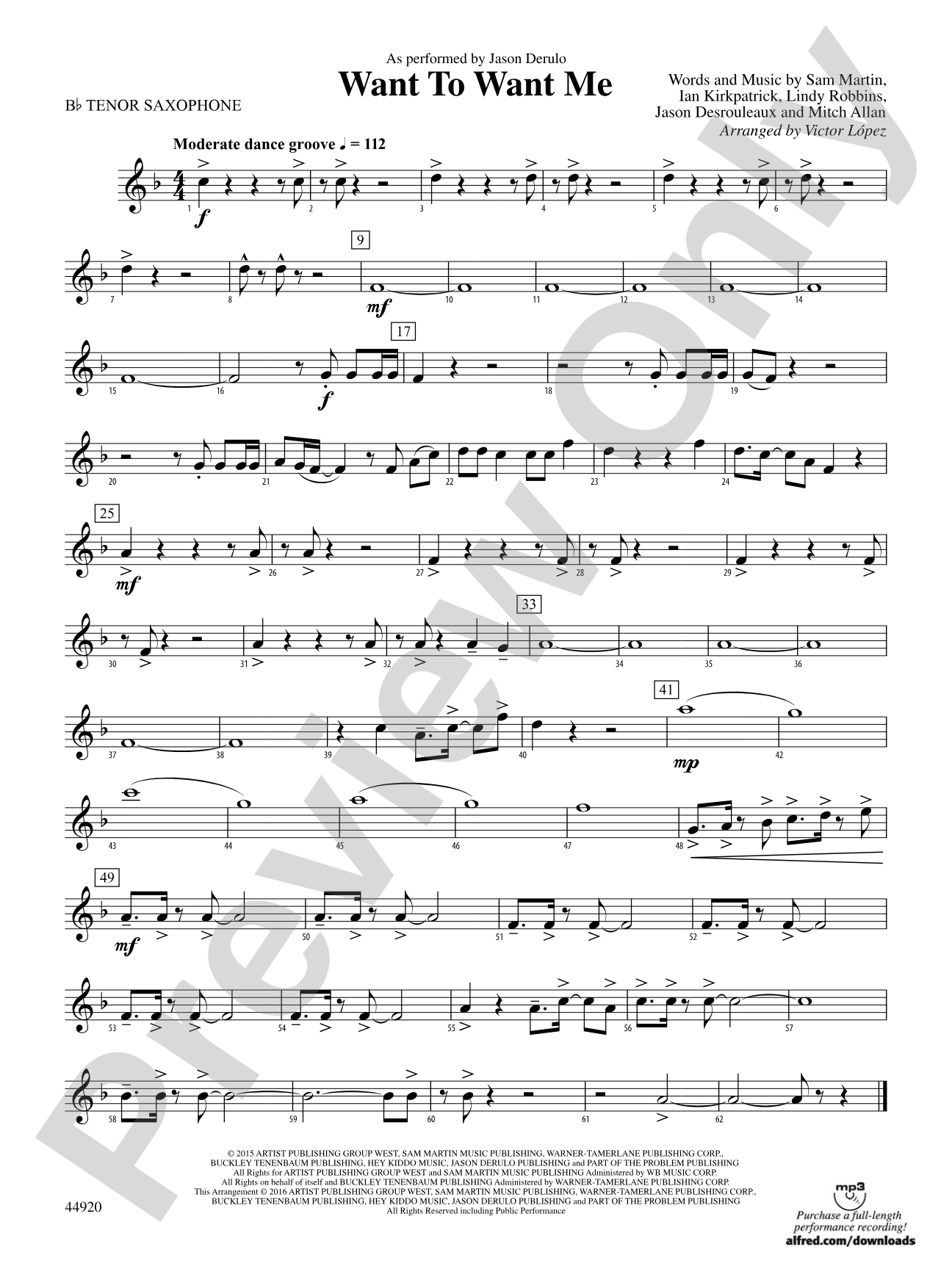 Want to Want Me: B-flat Tenor Saxophone