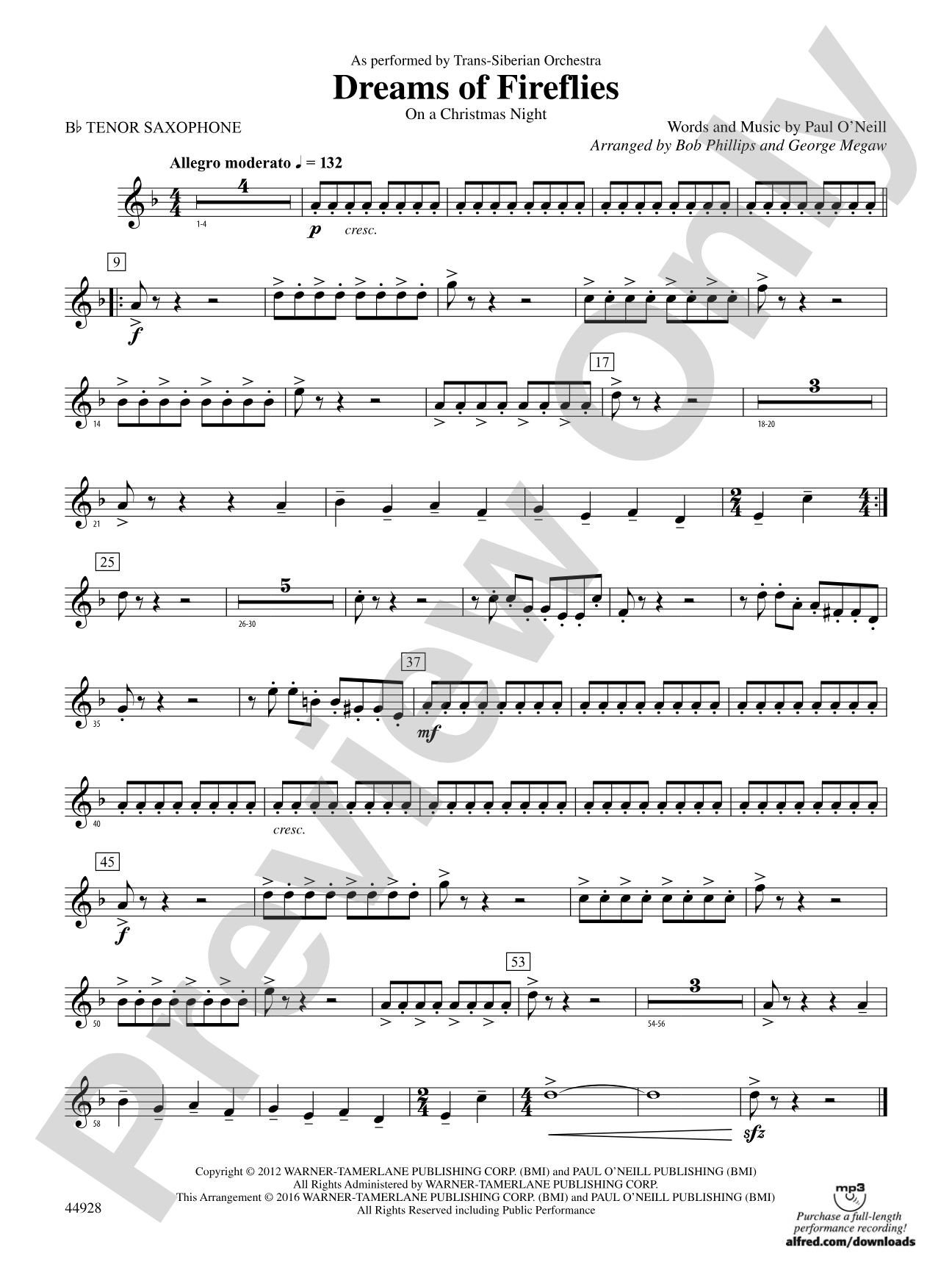 Dreams of Fireflies (On a Christmas Night): B-flat Tenor Saxophone