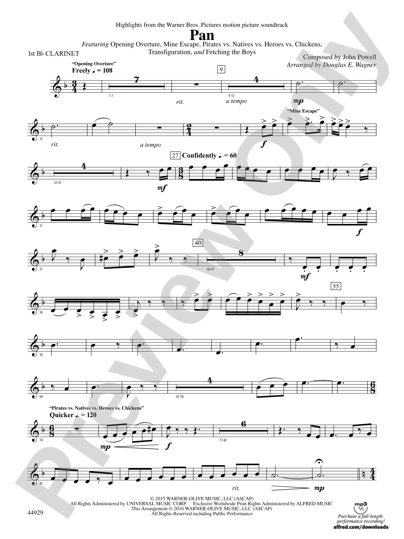 Pan: Highlights from the Warner Bros. Pictures Motion Picture Soundtrack: 1st B-flat Clarinet