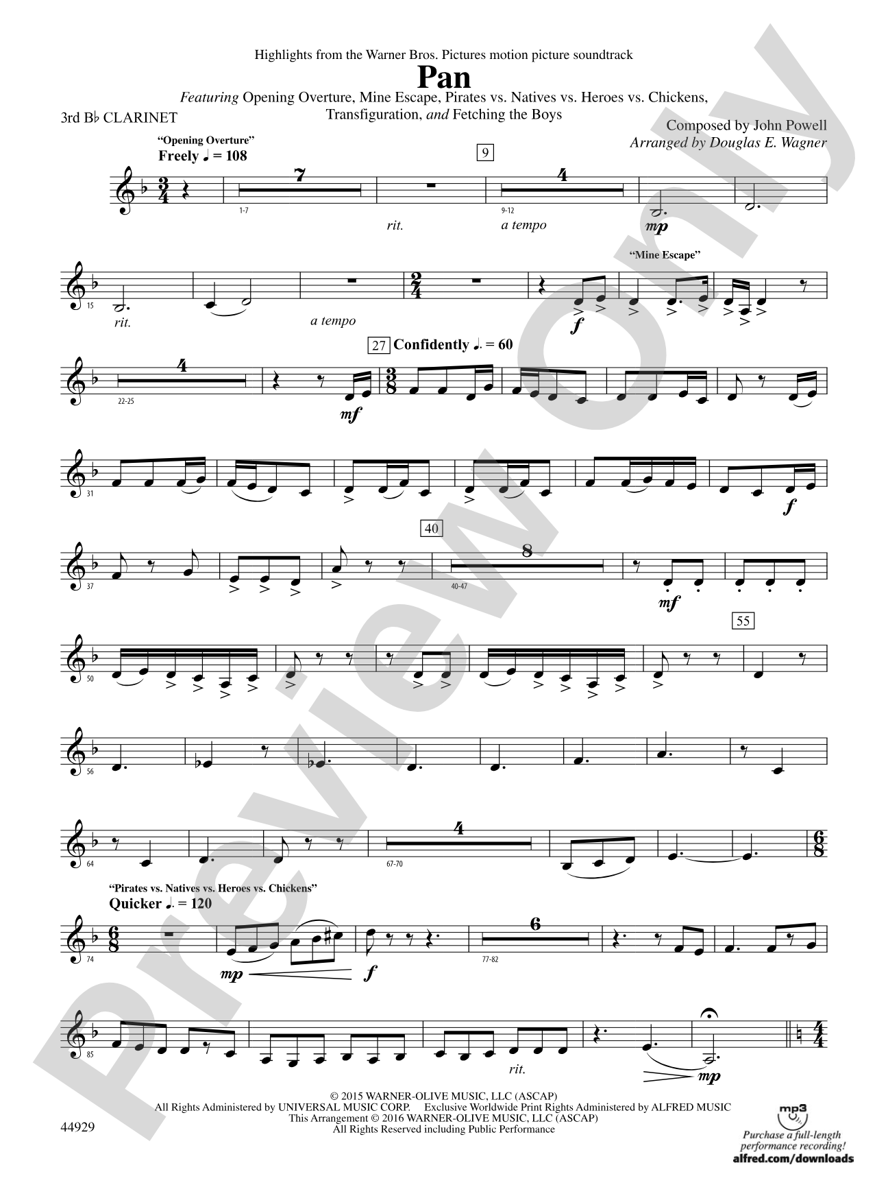 Pan: Highlights from the Warner Bros. Pictures Motion Picture Soundtrack: 3rd B-flat Clarinet