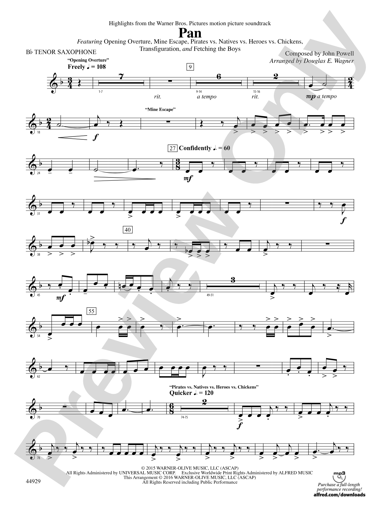 Pan: Highlights from the Warner Bros. Pictures Motion Picture Soundtrack: B-flat Tenor Saxophone