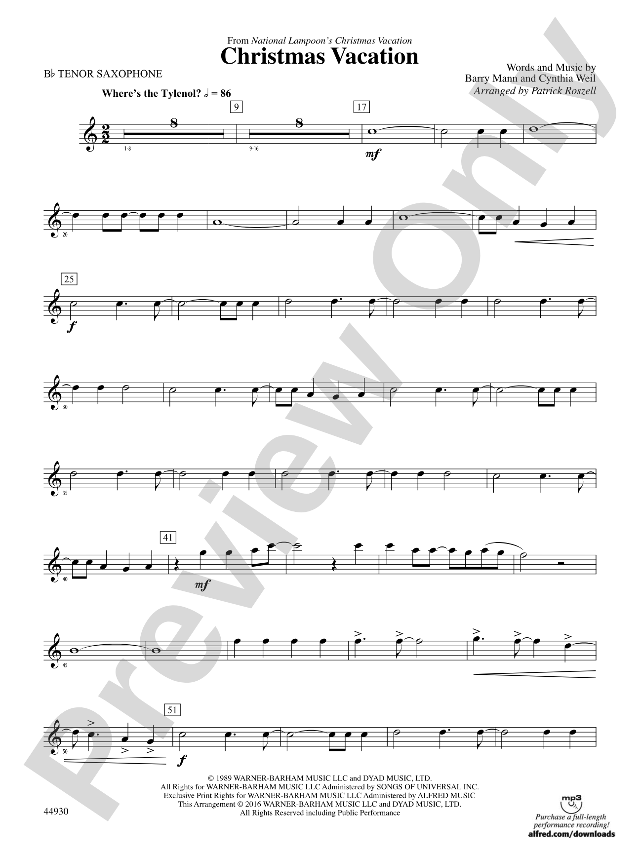 Christmas Vacation: B-flat Tenor Saxophone