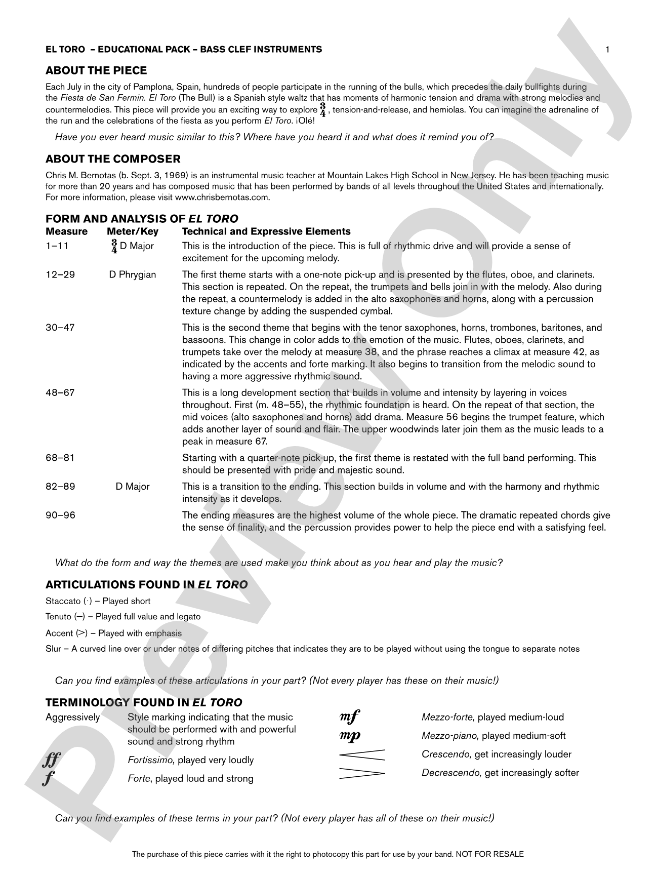 El Toro: Bass Clef Educational Pack