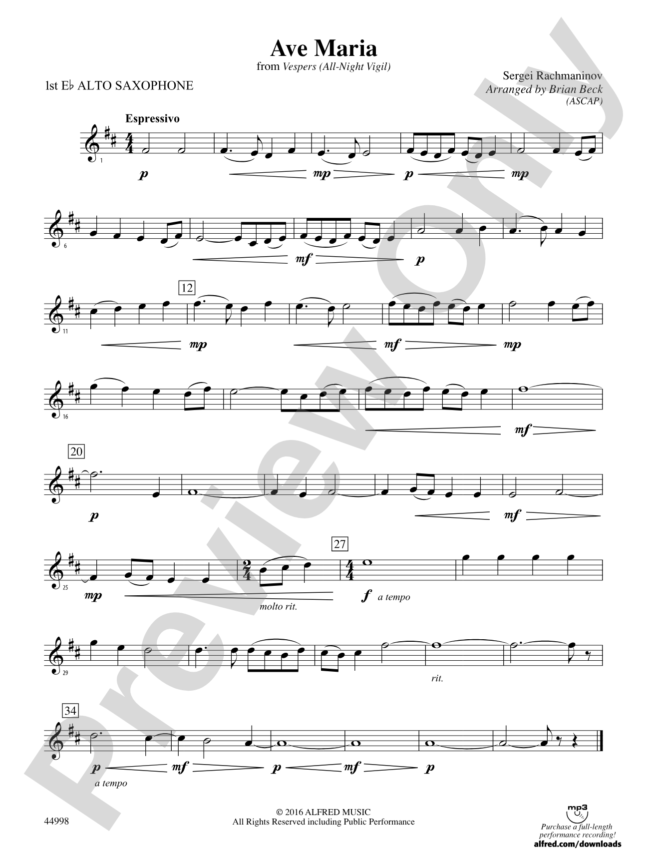 Ave Maria: E-flat Alto Saxophone