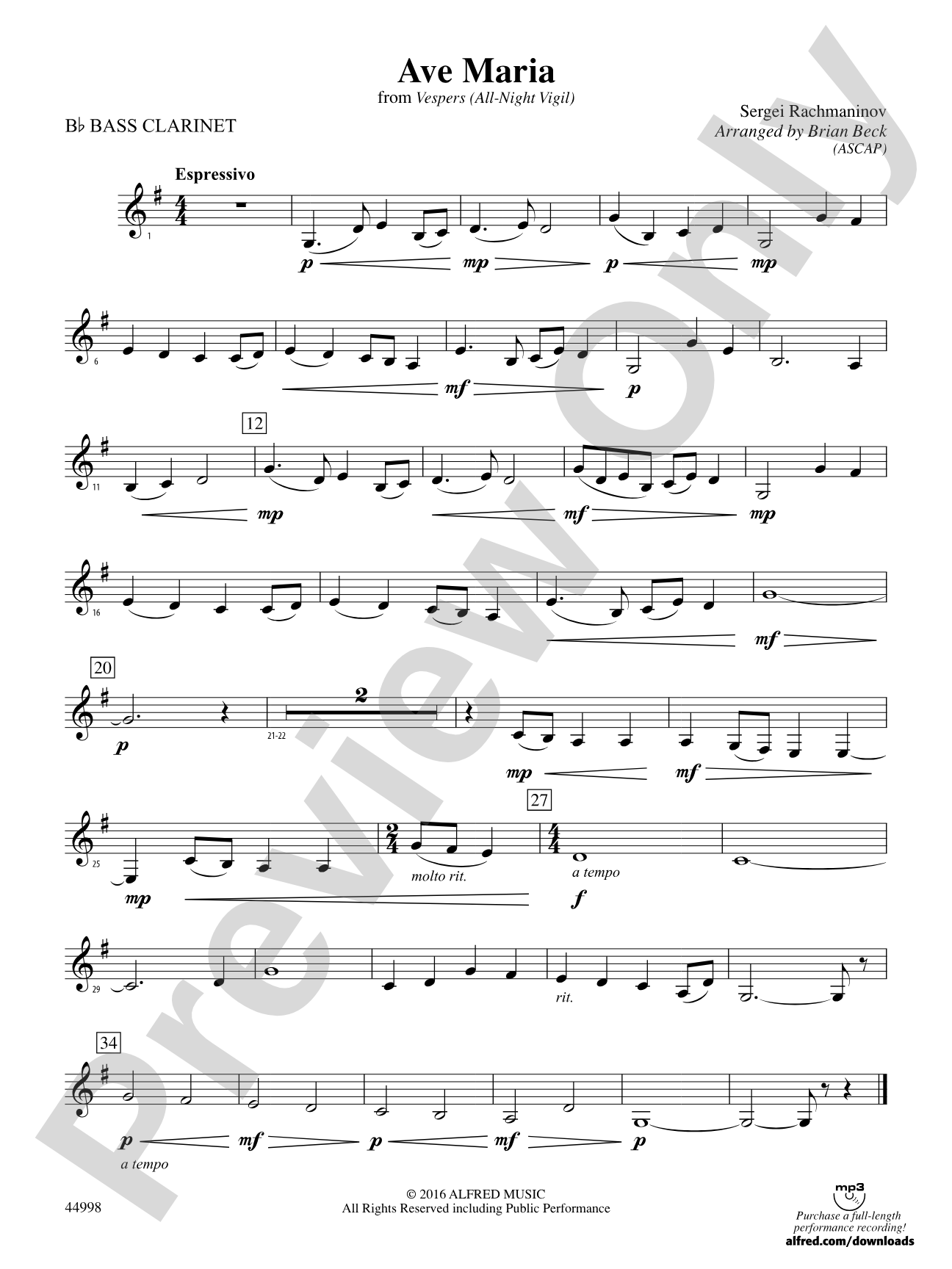 Ave Maria: B-flat Bass Clarinet