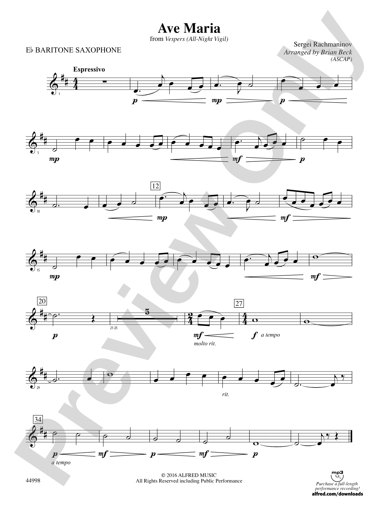 Ave Maria: E-flat Baritone Saxophone