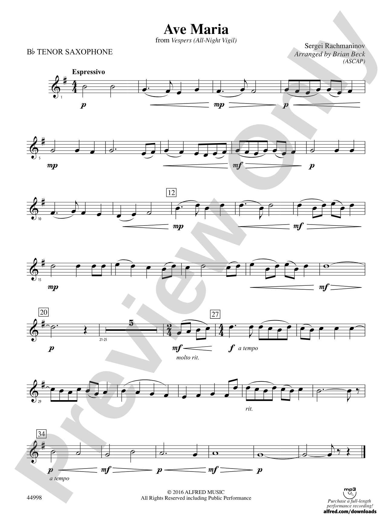 Ave Maria: B-flat Tenor Saxophone