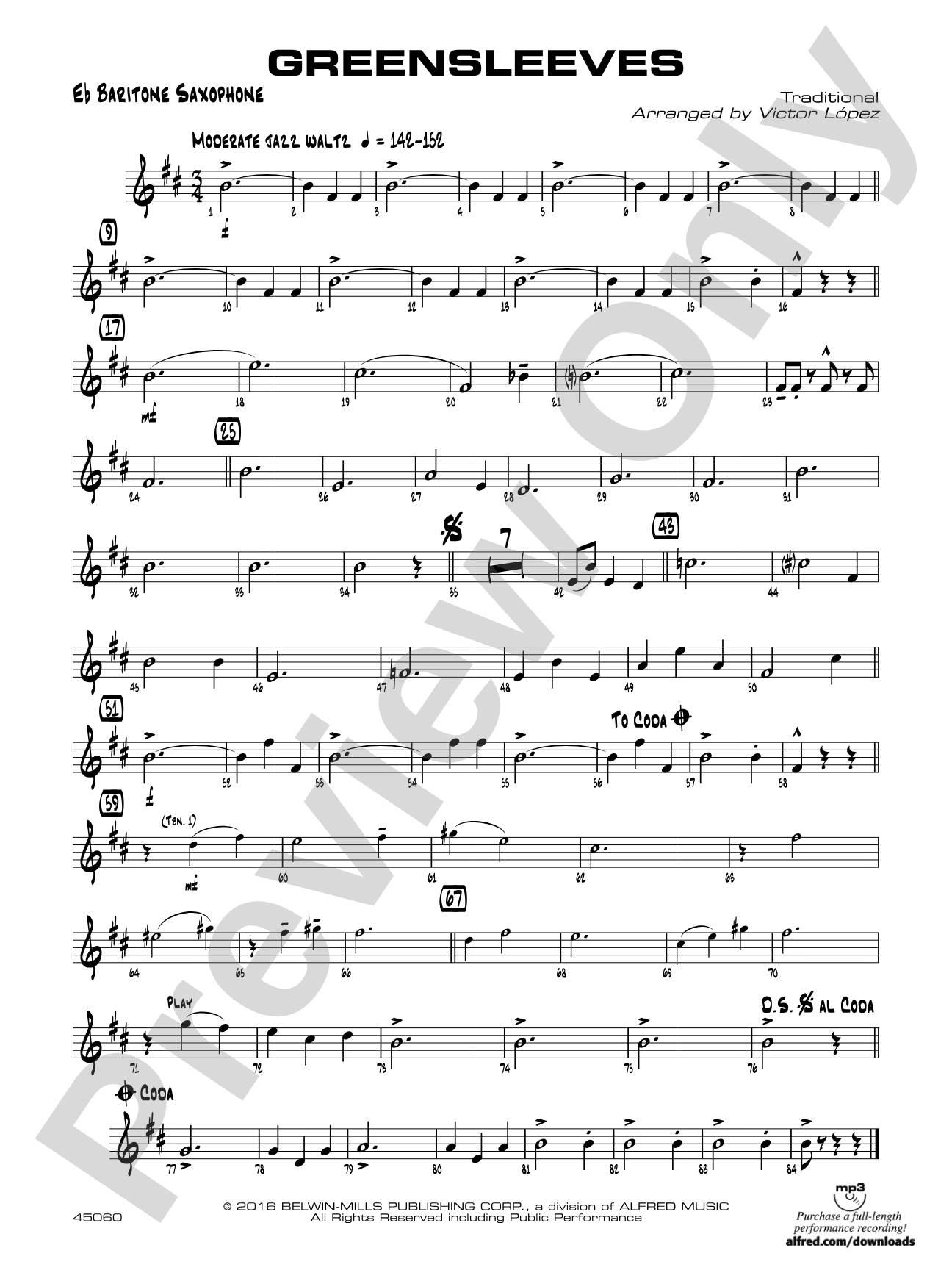 Greensleeves: E-flat Baritone Saxophone