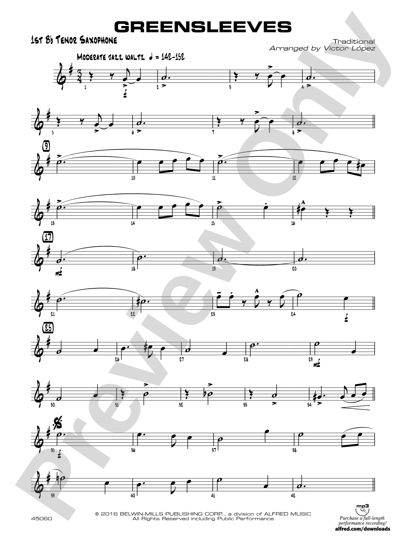 Greensleeves: B-flat Tenor Saxophone