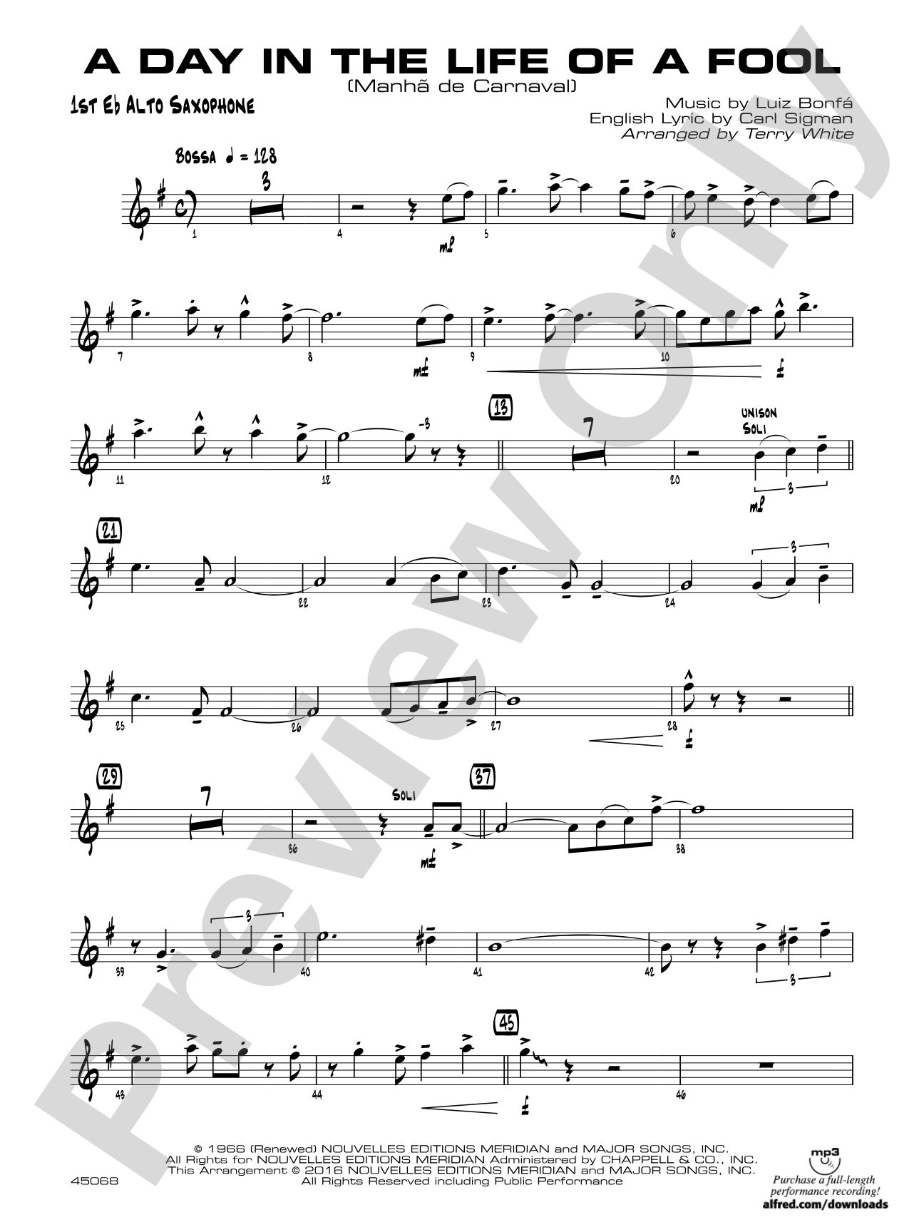 A Day in the Life of a Fool (Manha de Carnaval): E-flat Alto Saxophone
