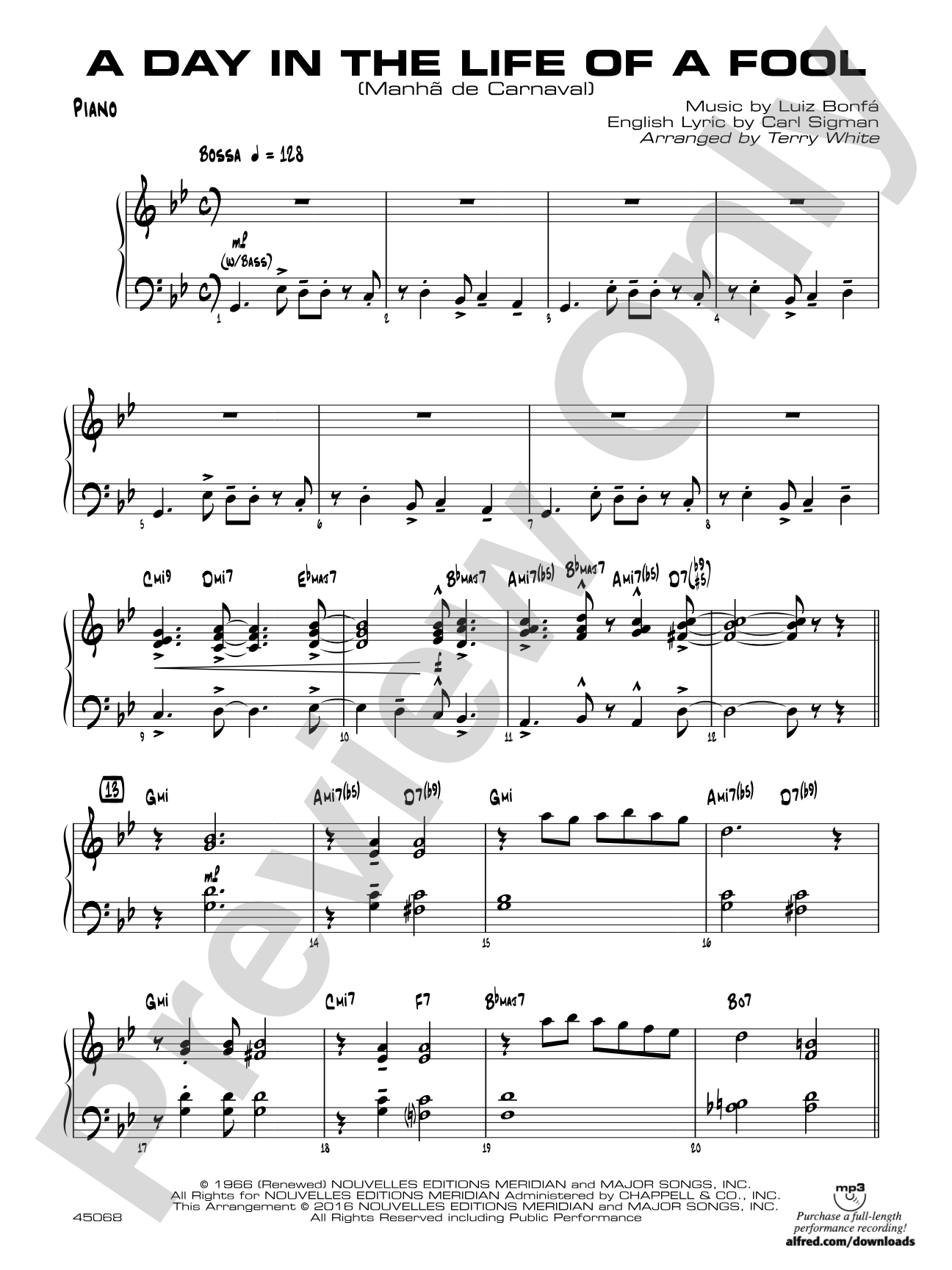 A Day in the Life of a Fool (Manha de Carnaval): Piano Accompaniment