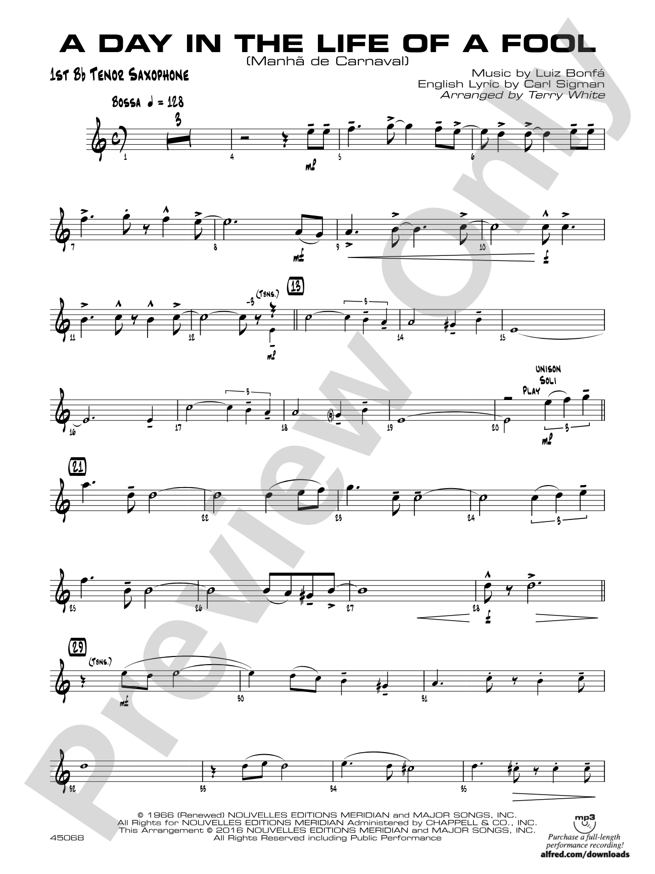 A Day in the Life of a Fool (Manha de Carnaval): B-flat Tenor Saxophone