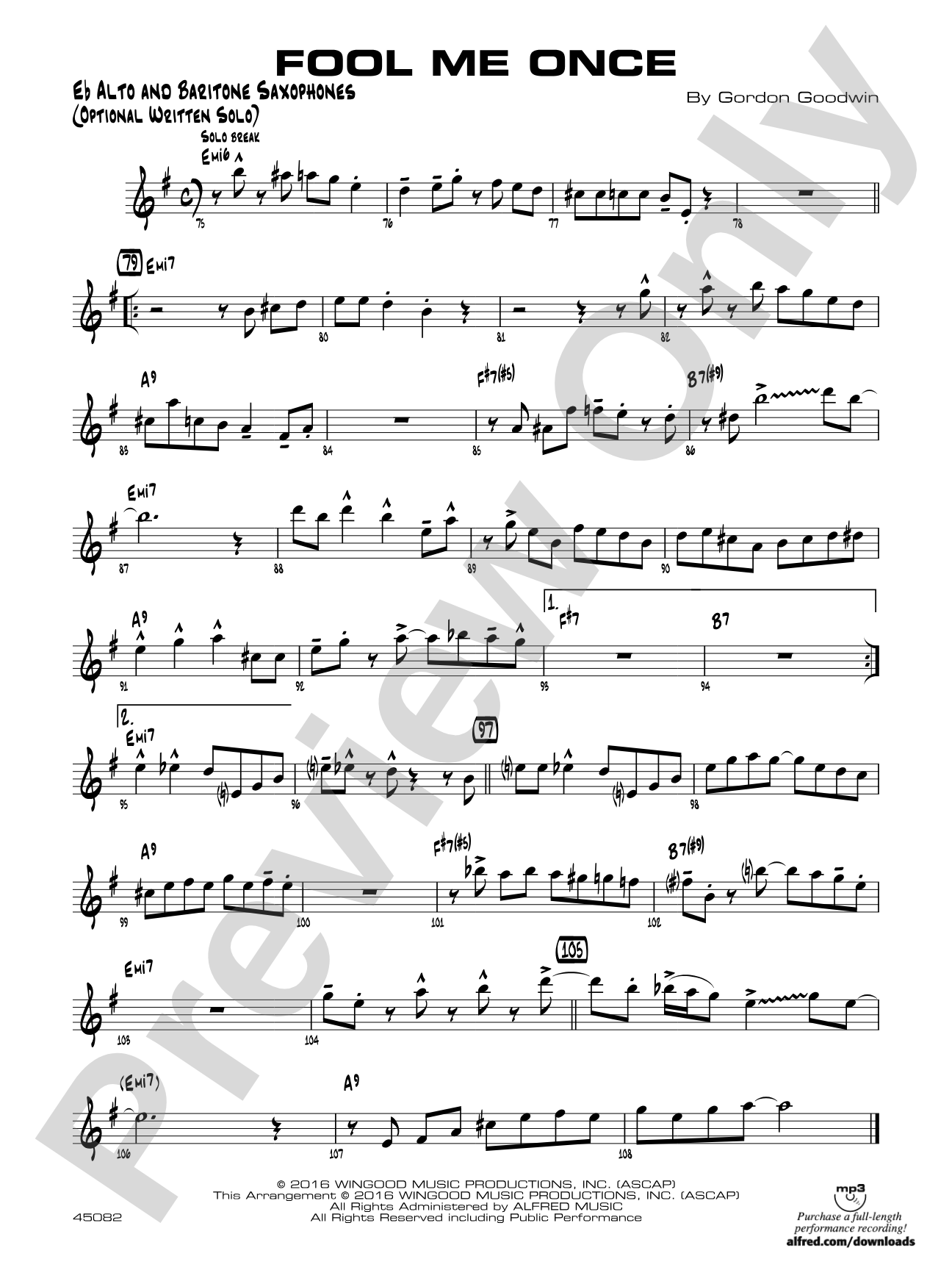 Fool Me Once: Eb Alto Sax Optional Solo