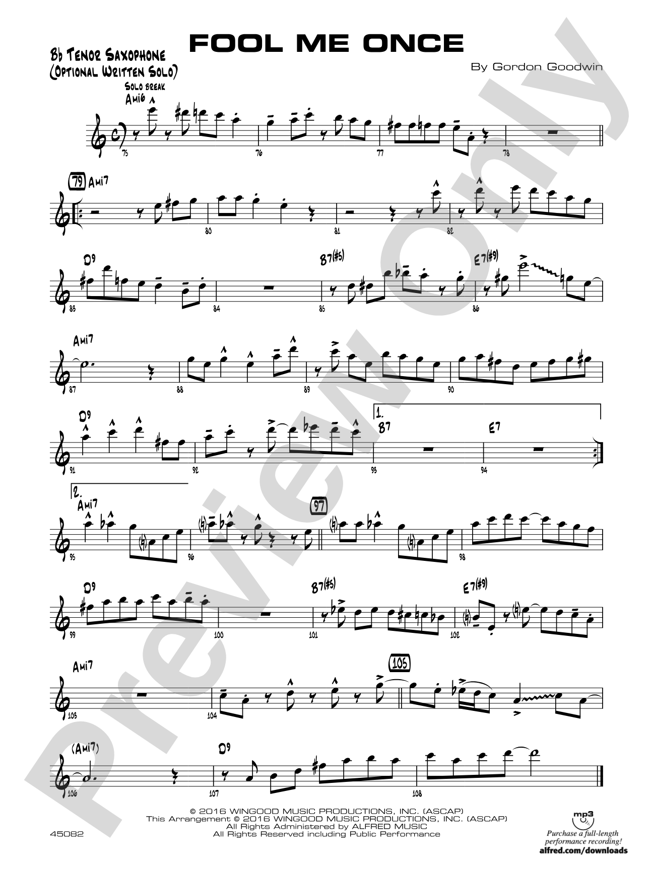 Fool Me Once: Bb Tenor Sax Optional Solo