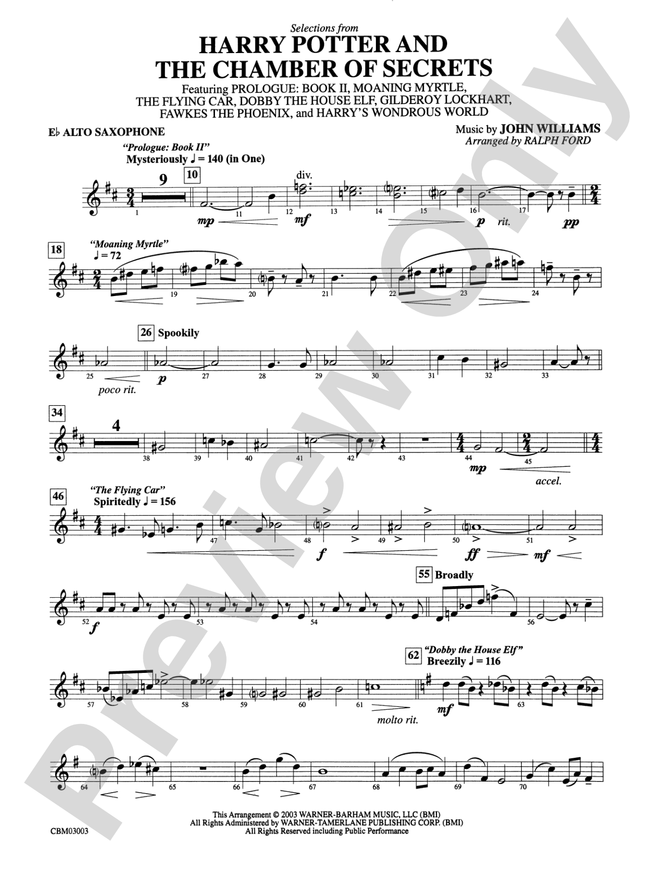 Harry Potter and the Chamber of Secrets, Selections from: E-flat Alto Saxophone