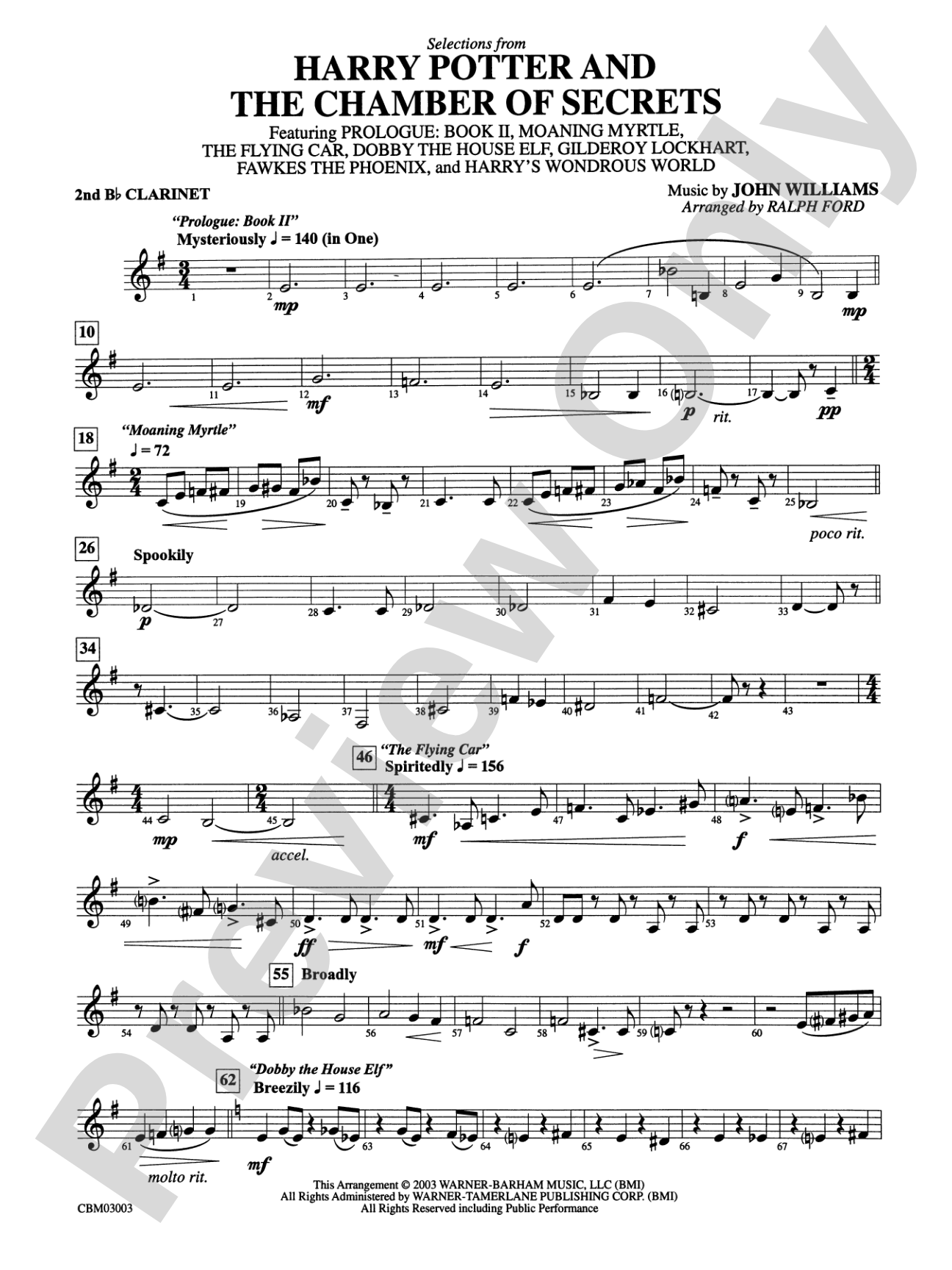 Harry Potter and the Chamber of Secrets, Selections from: 2nd B-flat Clarinet