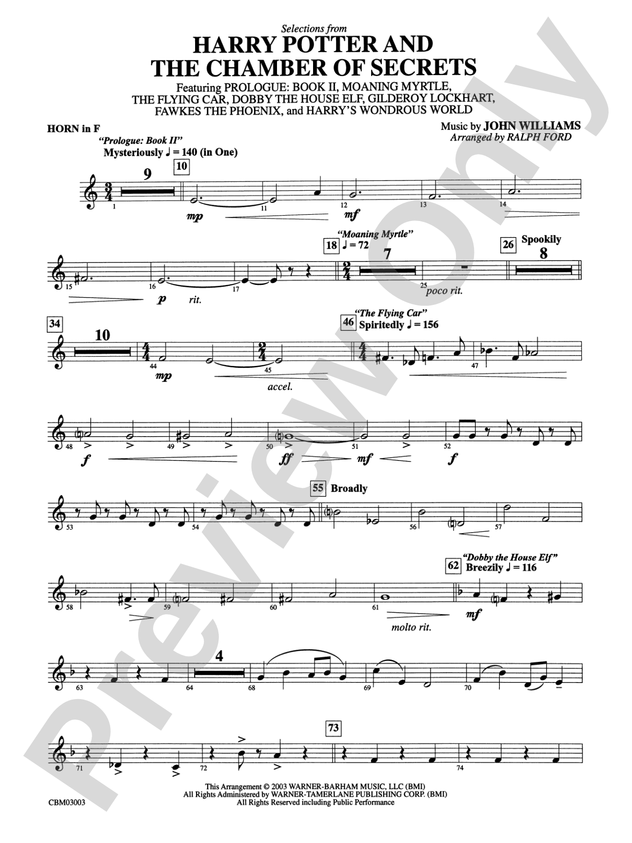 Harry Potter and the Chamber of Secrets, Selections from: 1st F Horn