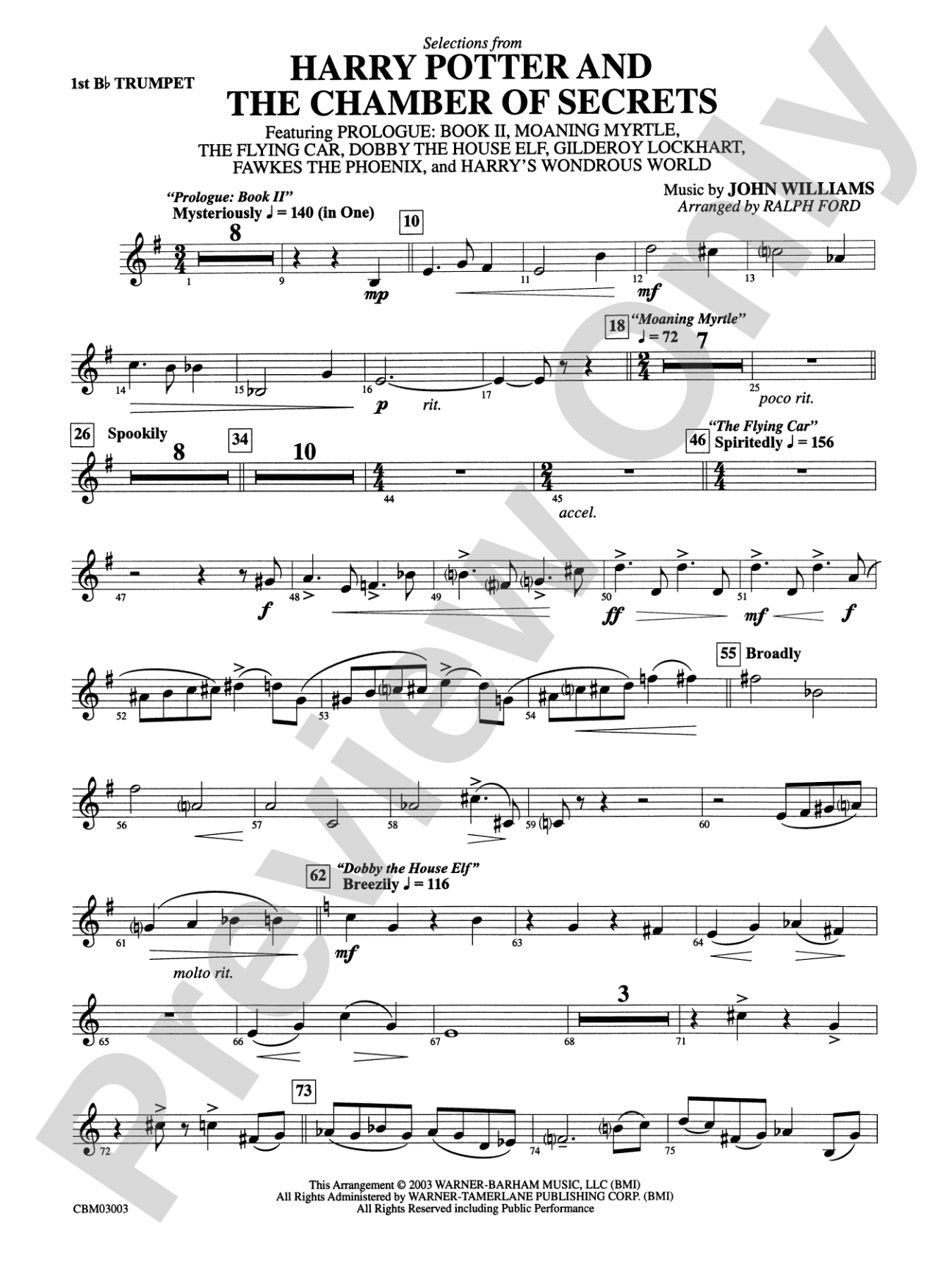 Harry Potter and the Chamber of Secrets, Selections from: 1st B-flat Trumpet