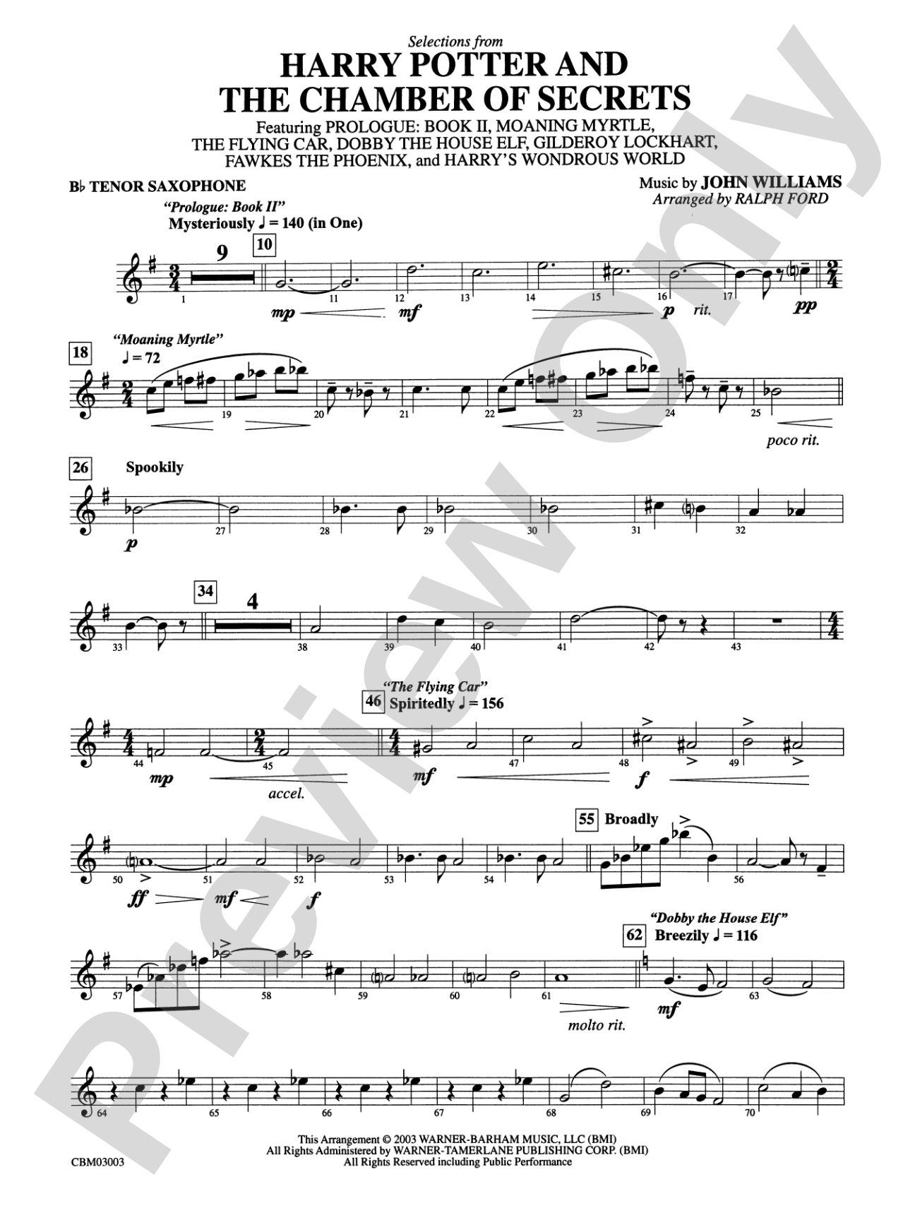 Harry Potter and the Chamber of Secrets, Selections from: B-flat Tenor Saxophone