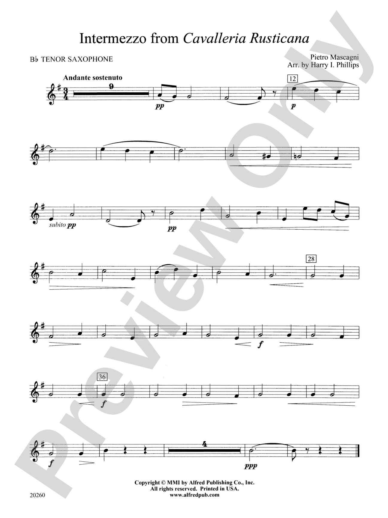Intermezzo from Cavalleria Rusticana: B-flat Tenor Saxophone