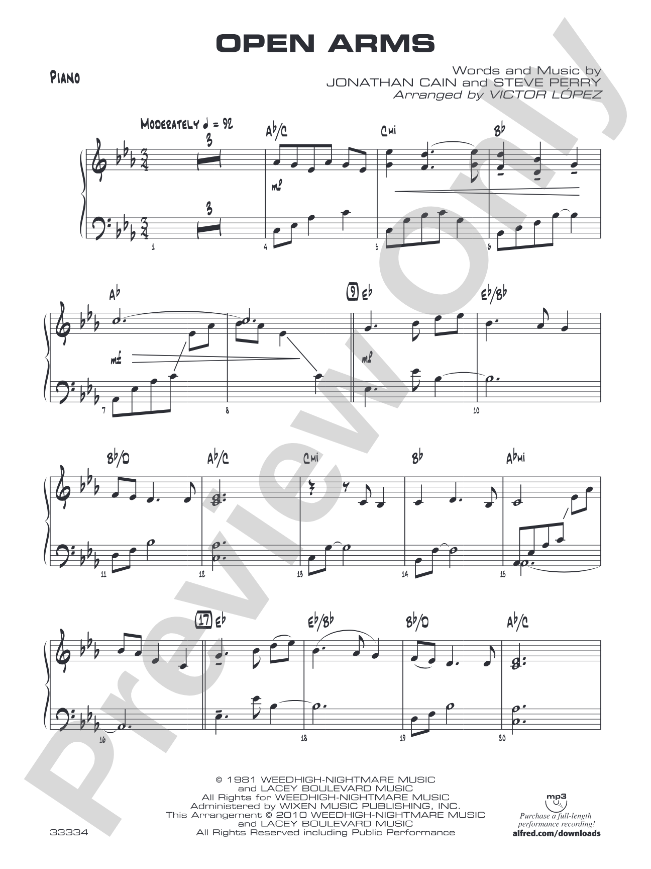 Open Arms: Piano Accompaniment
