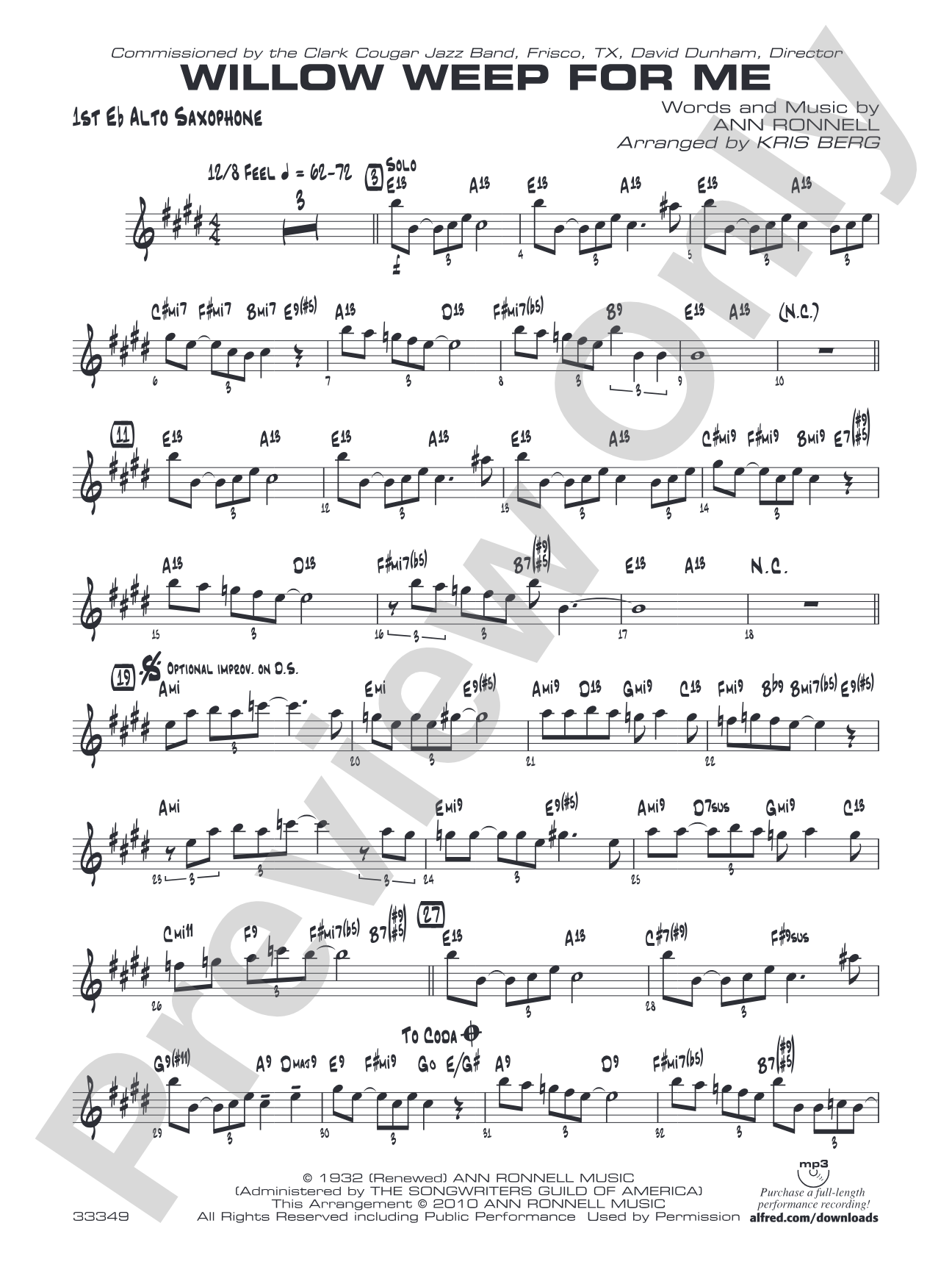 Willow Weep for Me: E-flat Alto Saxophone