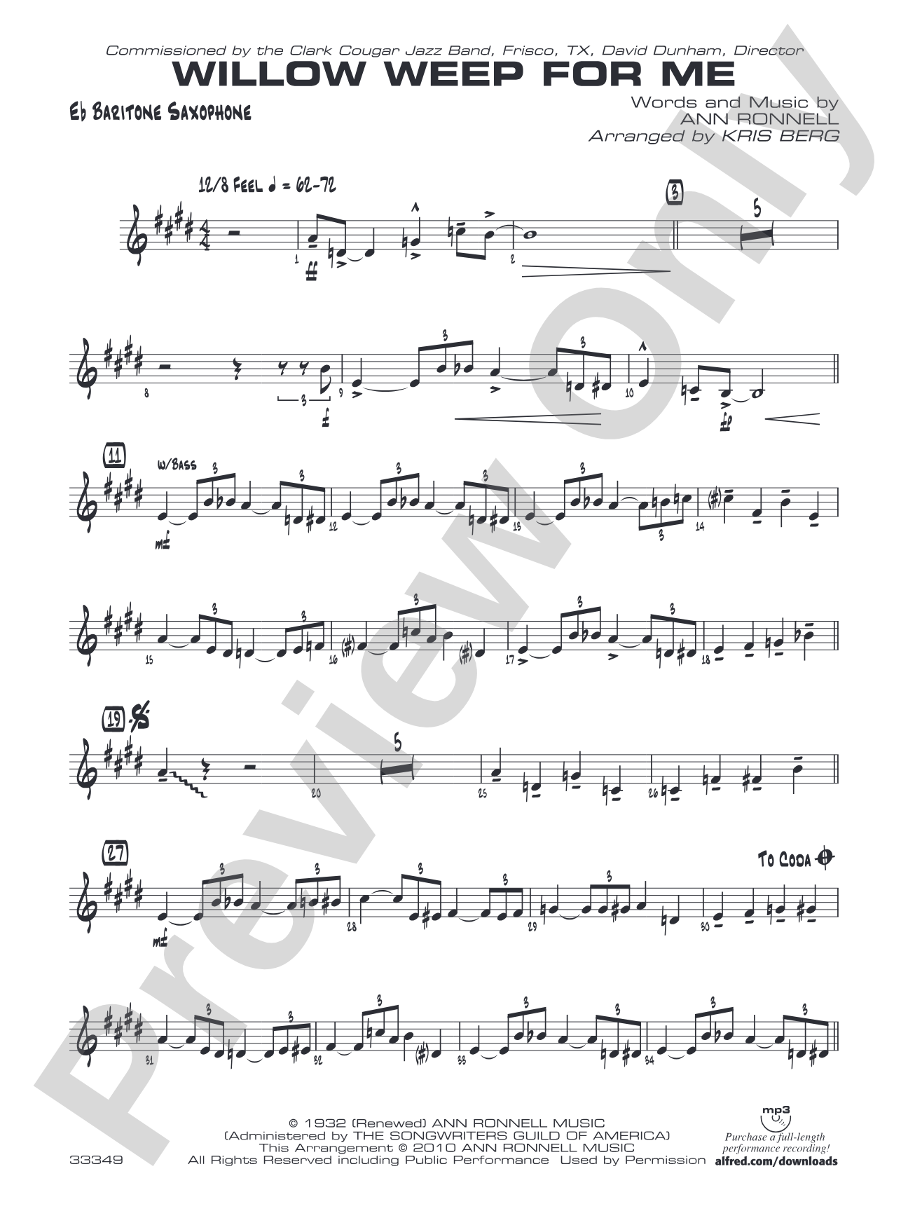 Willow Weep for Me: E-flat Baritone Saxophone