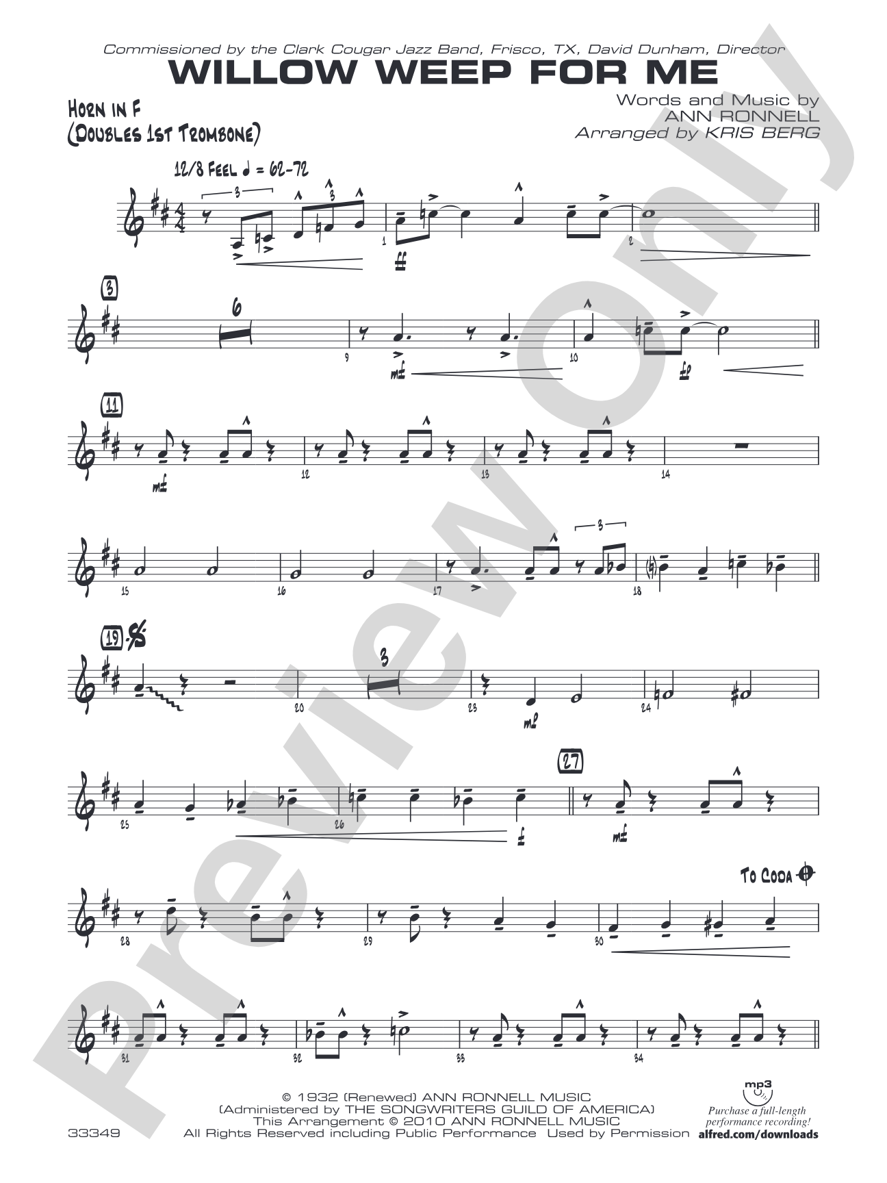 Willow Weep for Me: 1st F Horn