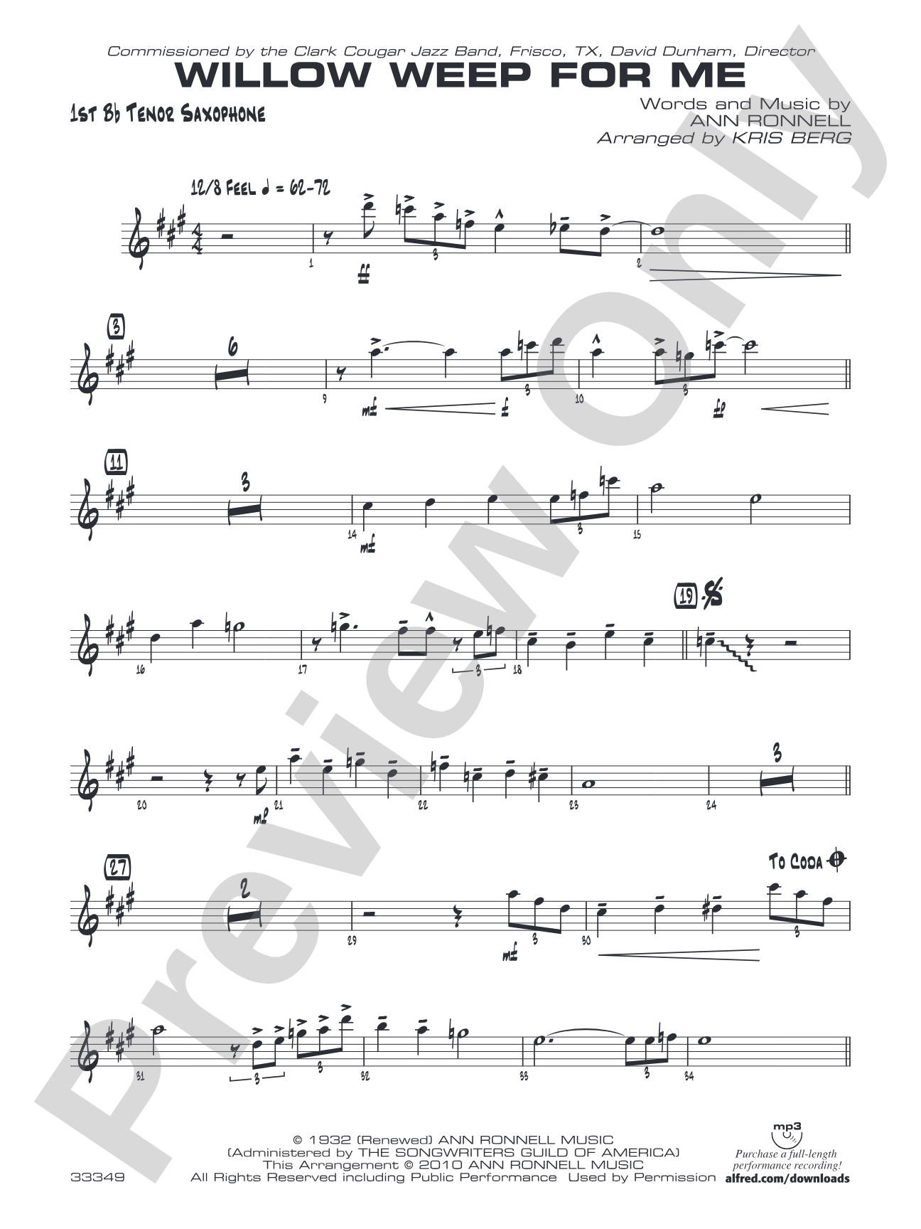 Willow Weep for Me: B-flat Tenor Saxophone
